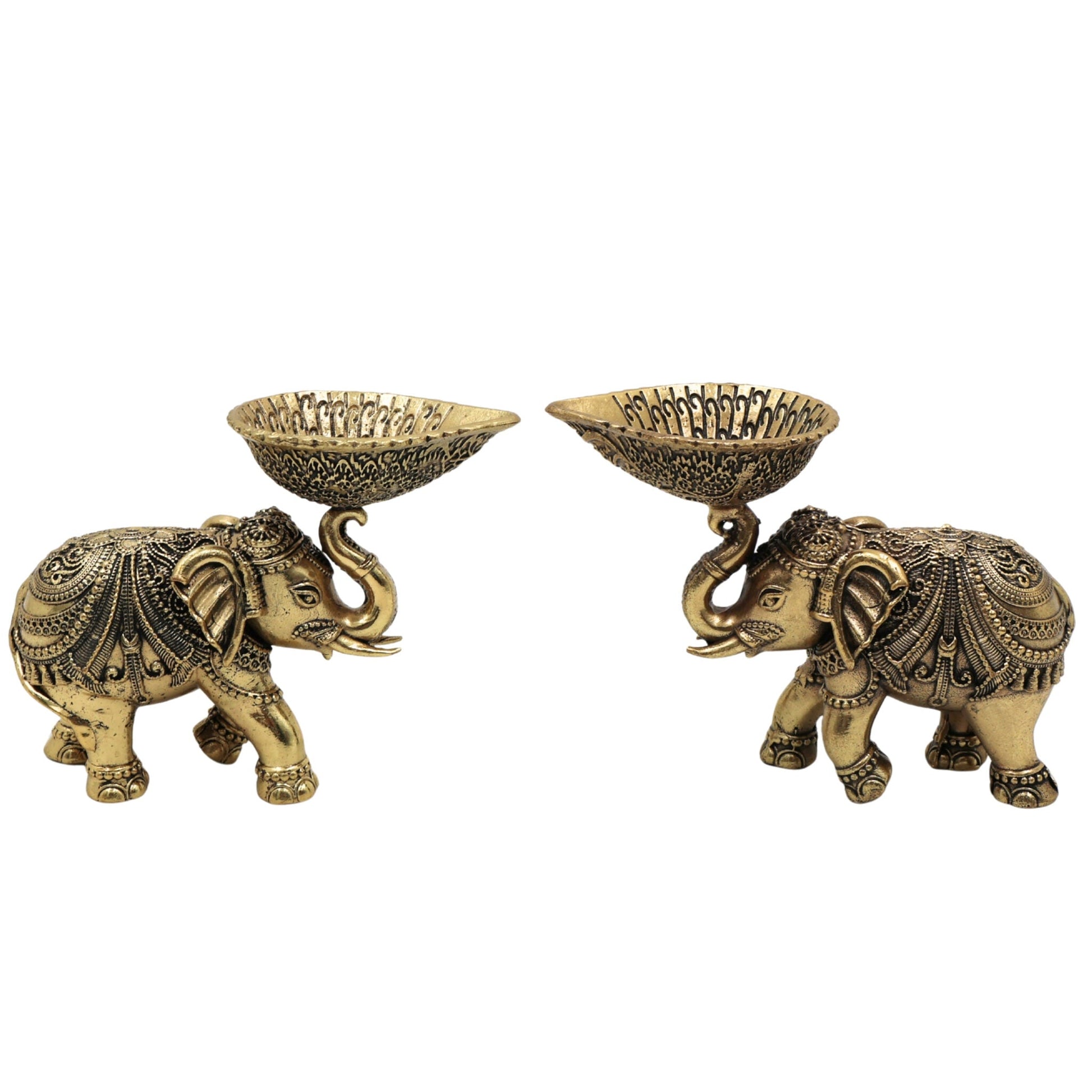 Brass Elephant Diya Lamp, Handcrafted Gaja Deepa, Hathi Oil Lamp, Temple & Puja Decorative Brass Idol for Home, Diwali, Wedding Gift, Gold, 3 Inch, 2 Piece