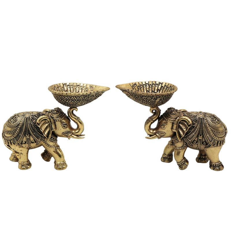 Brass Elephant Diya Lamp, Handcrafted Gaja Deepa, Hathi Oil Lamp, Temple & Puja Decorative Brass Idol for Home, Diwali, Wedding Gift, Gold, 3 Inch, 2 Piece