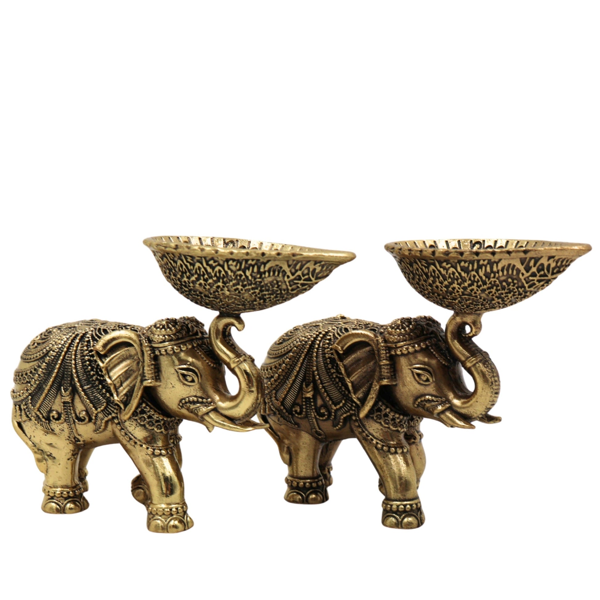 Brass Elephant Diya Lamp, Handcrafted Gaja Deepa, Hathi Oil Lamp, Temple & Puja Decorative Brass Idol for Home, Diwali, Wedding Gift, Gold, 3 Inch, 2 Piece