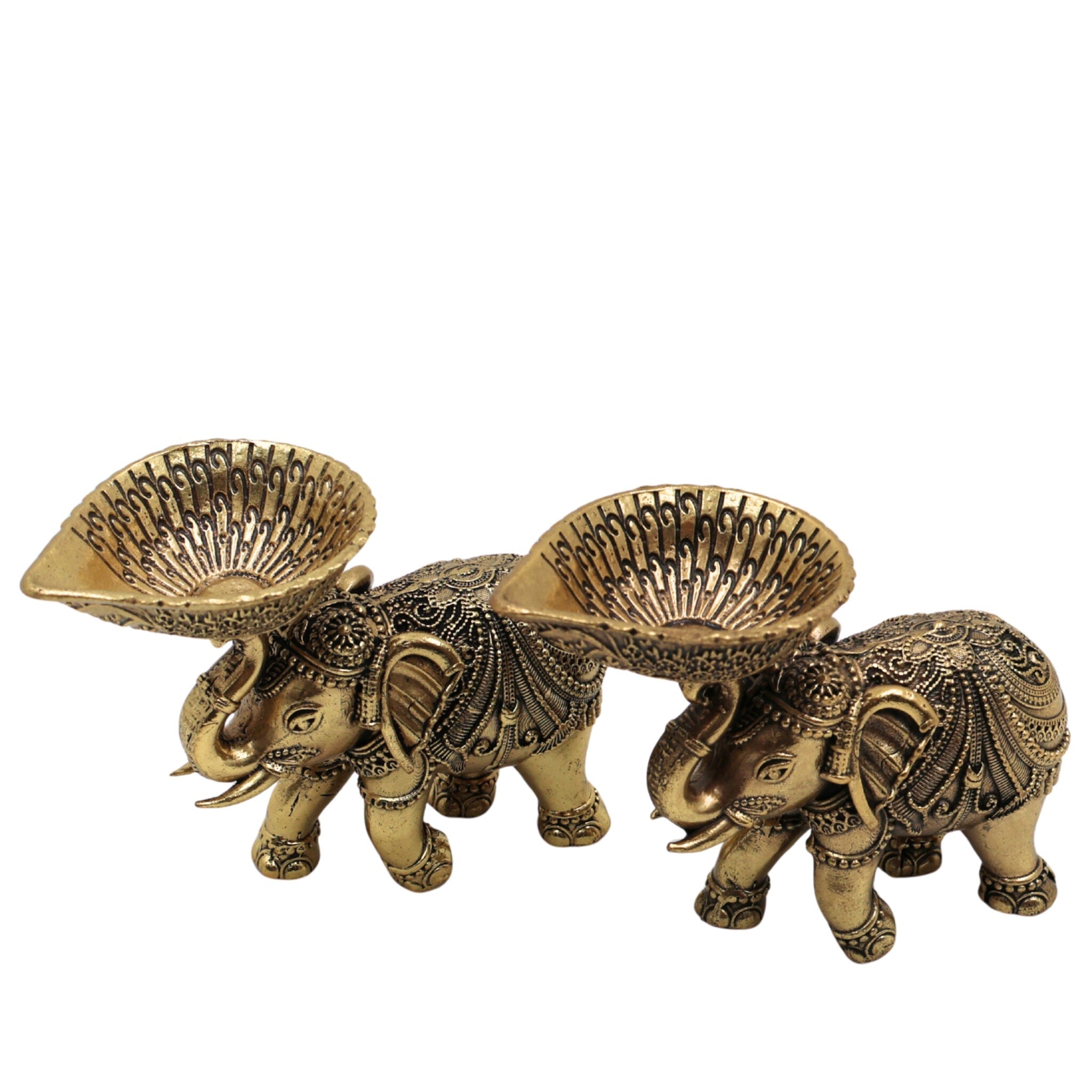 Brass Elephant Diya Lamp, Handcrafted Gaja Deepa, Hathi Oil Lamp, Temple & Puja Decorative Brass Idol for Home, Diwali, Wedding Gift, Gold, 3 Inch, 2 Piece