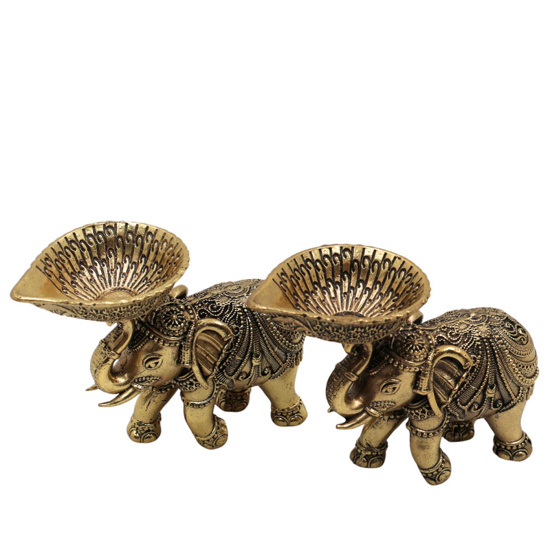 Brass Elephant Diya Lamp, Handcrafted Gaja Deepa, Hathi Oil Lamp, Temple & Puja Decorative Brass Idol for Home, Diwali, Wedding Gift, Gold, 3 Inch, 2 Piece