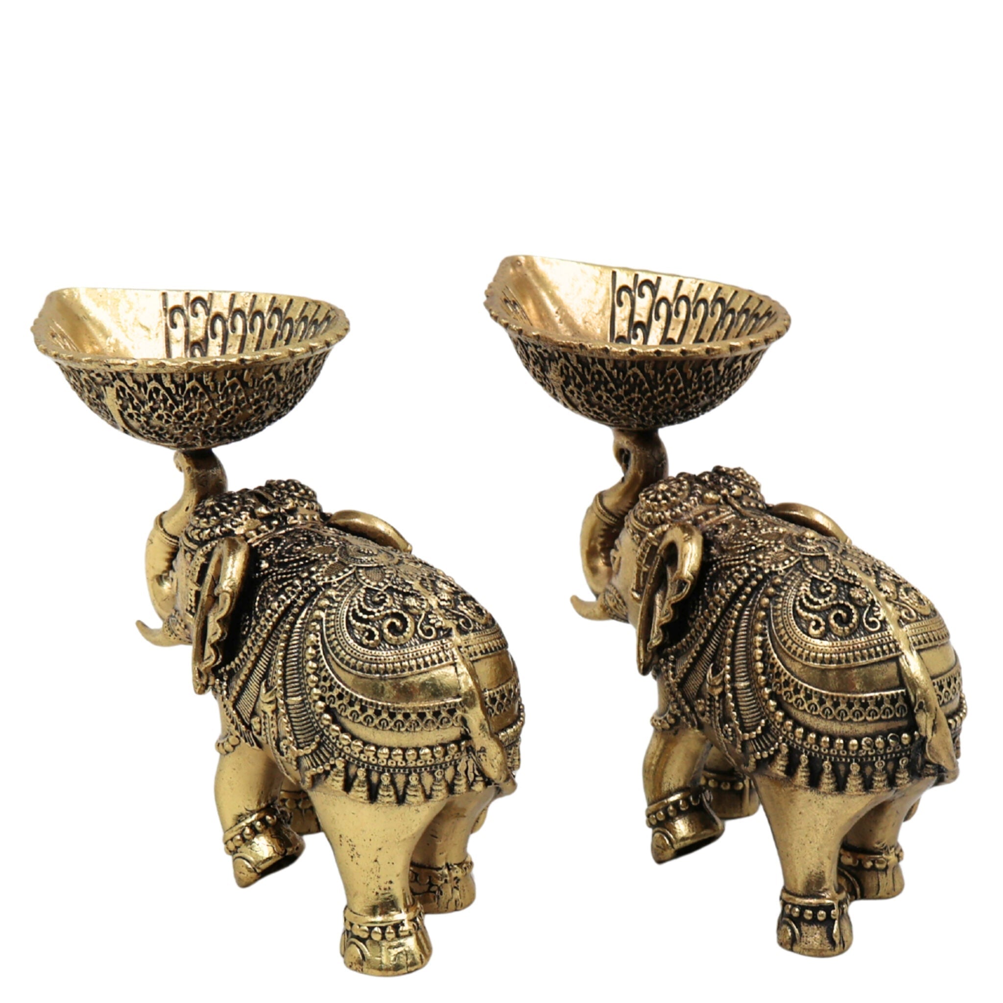 Brass Elephant Diya Lamp, Handcrafted Gaja Deepa, Hathi Oil Lamp, Temple & Puja Decorative Brass Idol for Home, Diwali, Wedding Gift, Gold, 3 Inch, 2 Piece