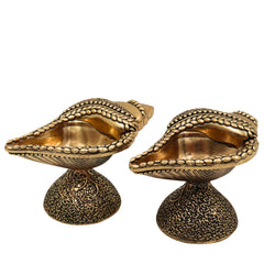 Brass Shankh Diya, Conch Lamp | Handcrafted Shank Diya for Puja, Aarti, Home Decor, Temple, Meditation, Spiritual Blessings, Traditional Brass Shankh Deepam, Gift & Festival Decor, Gold, 1.5 Inch, 2 Piece