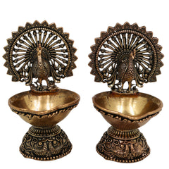 Brass Handcrafted Peacock Diya, Mayura Deepam, Mor Pankh Oil Lamp, Traditional Mor Pital Puja Lamp for Festival, Temple & Home Decor, Gold, 3 Inch, 2 Piece