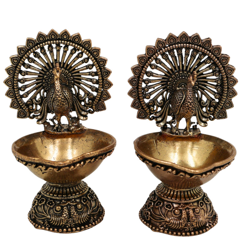 Brass Handcrafted Peacock Diya, Mayura Deepam, Mor Pankh Oil Lamp, Traditional Mor Pital Puja Lamp for Festival, Temple & Home Decor, Gold, 3 Inch, 2 Piece