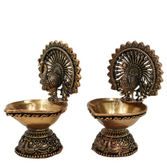 Brass Handcrafted Peacock Diya, Mayura Deepam, Mor Pankh Oil Lamp, Traditional Mor Pital Puja Lamp for Festival, Temple & Home Decor, Gold, 3 Inch, 2 Piece