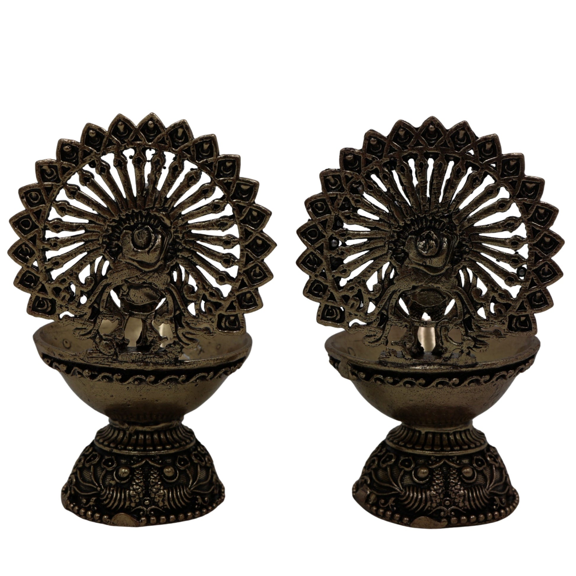 Brass Handcrafted Peacock Diya, Mayura Deepam, Mor Pankh Oil Lamp, Traditional Mor Pital Puja Lamp for Festival, Temple & Home Decor, Gold, 3 Inch, 2 Piece