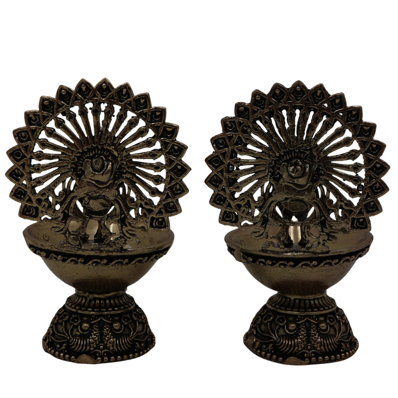 Brass Handcrafted Peacock Diya, Mayura Deepam, Mor Pankh Oil Lamp, Traditional Mor Pital Puja Lamp for Festival, Temple & Home Decor, Gold, 3 Inch, 2 Piece