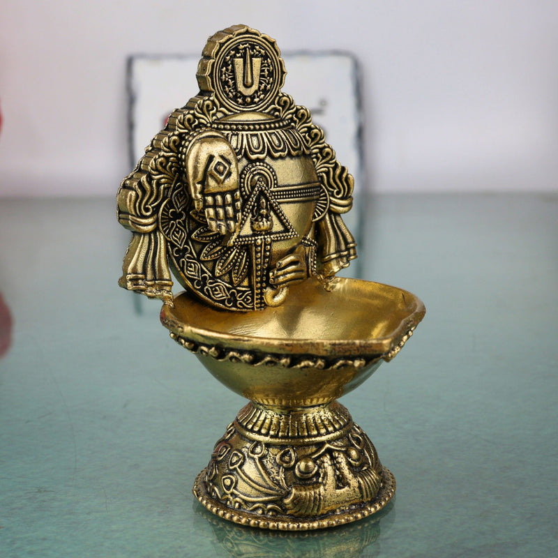 Brass Balaji Lamp with Hand Sculpture, Handcrafted Pooja Diya, Traditional Temple Oil Lamp, Decorative Spiritual Deepam,for Home & Festival, Gold, 4 Inch, 1 Piece
