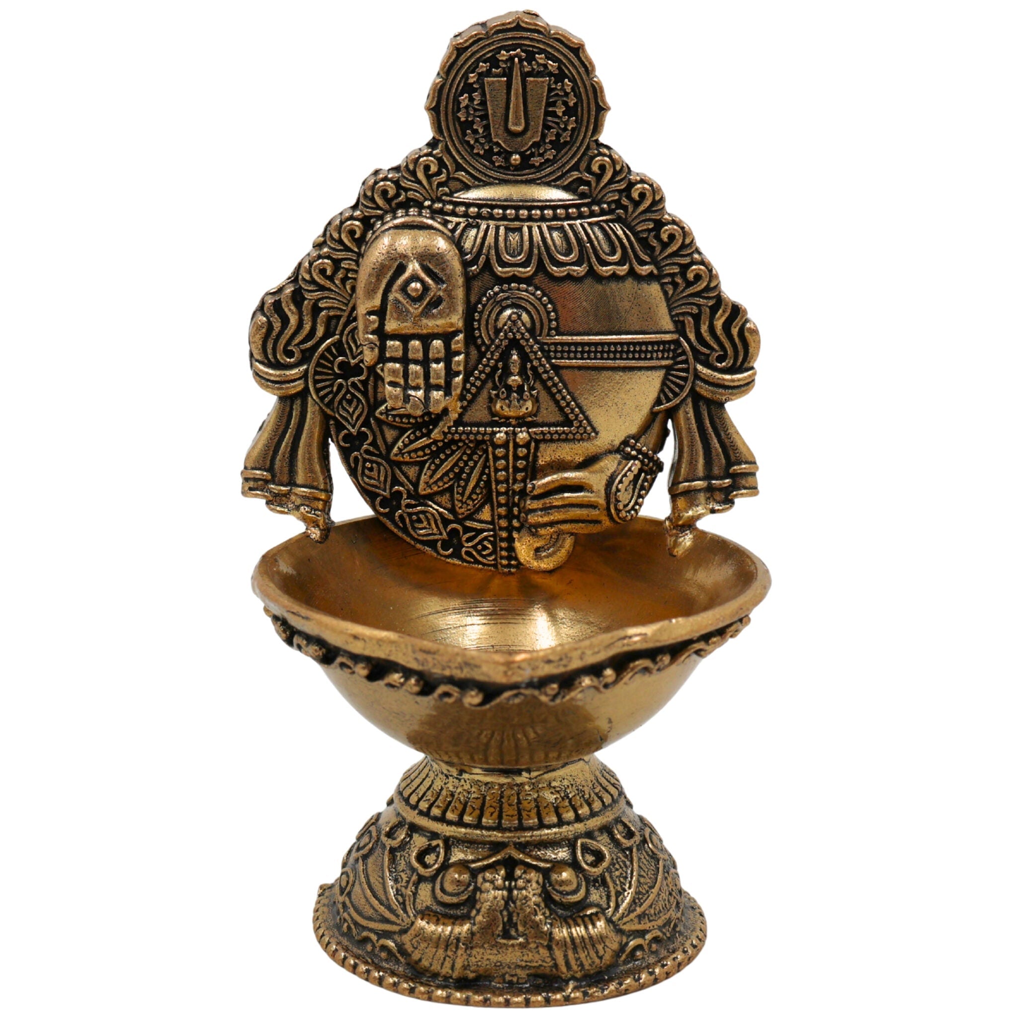 Brass Balaji Lamp with Hand Sculpture, Handcrafted Pooja Diya, Traditional Temple Oil Lamp, Decorative Spiritual Deepam,for Home & Festival, Gold, 4 Inch, 1 Piece