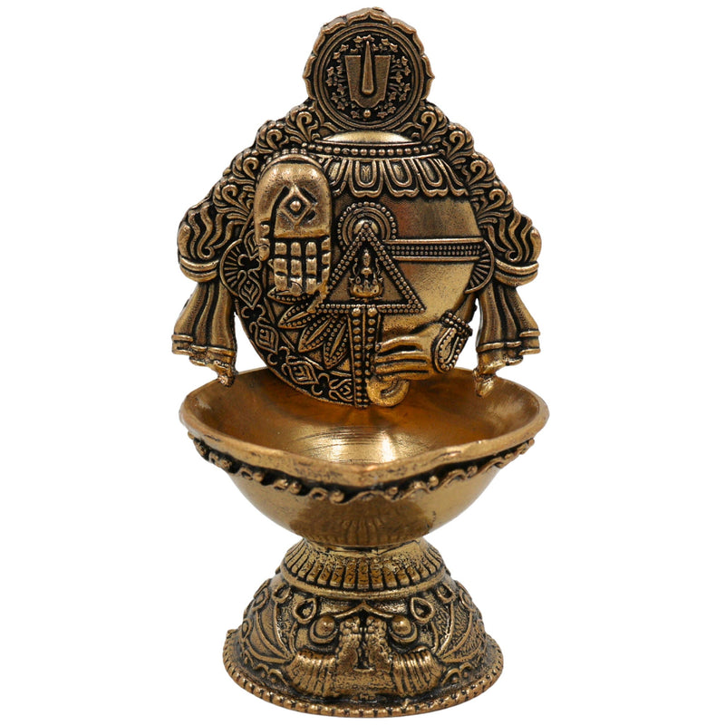 Brass Balaji Lamp with Hand Sculpture, Handcrafted Pooja Diya, Traditional Temple Oil Lamp, Decorative Spiritual Deepam,for Home & Festival, Gold, 4 Inch, 1 Piece