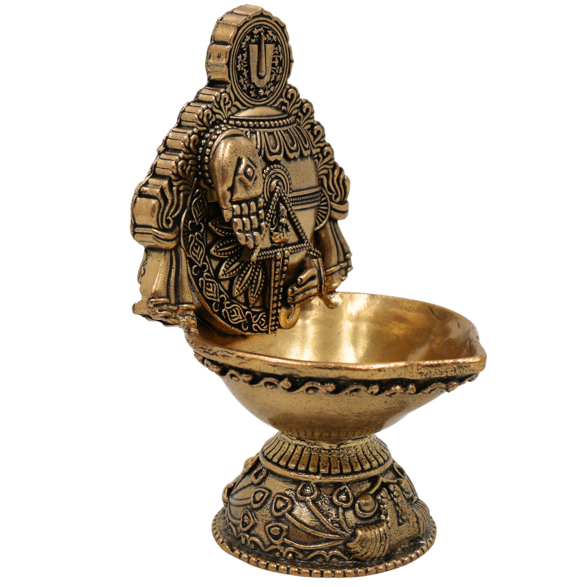 Brass Balaji Lamp with Hand Sculpture, Handcrafted Pooja Diya, Traditional Temple Oil Lamp, Decorative Spiritual Deepam,for Home & Festival, Gold, 4 Inch, 1 Piece