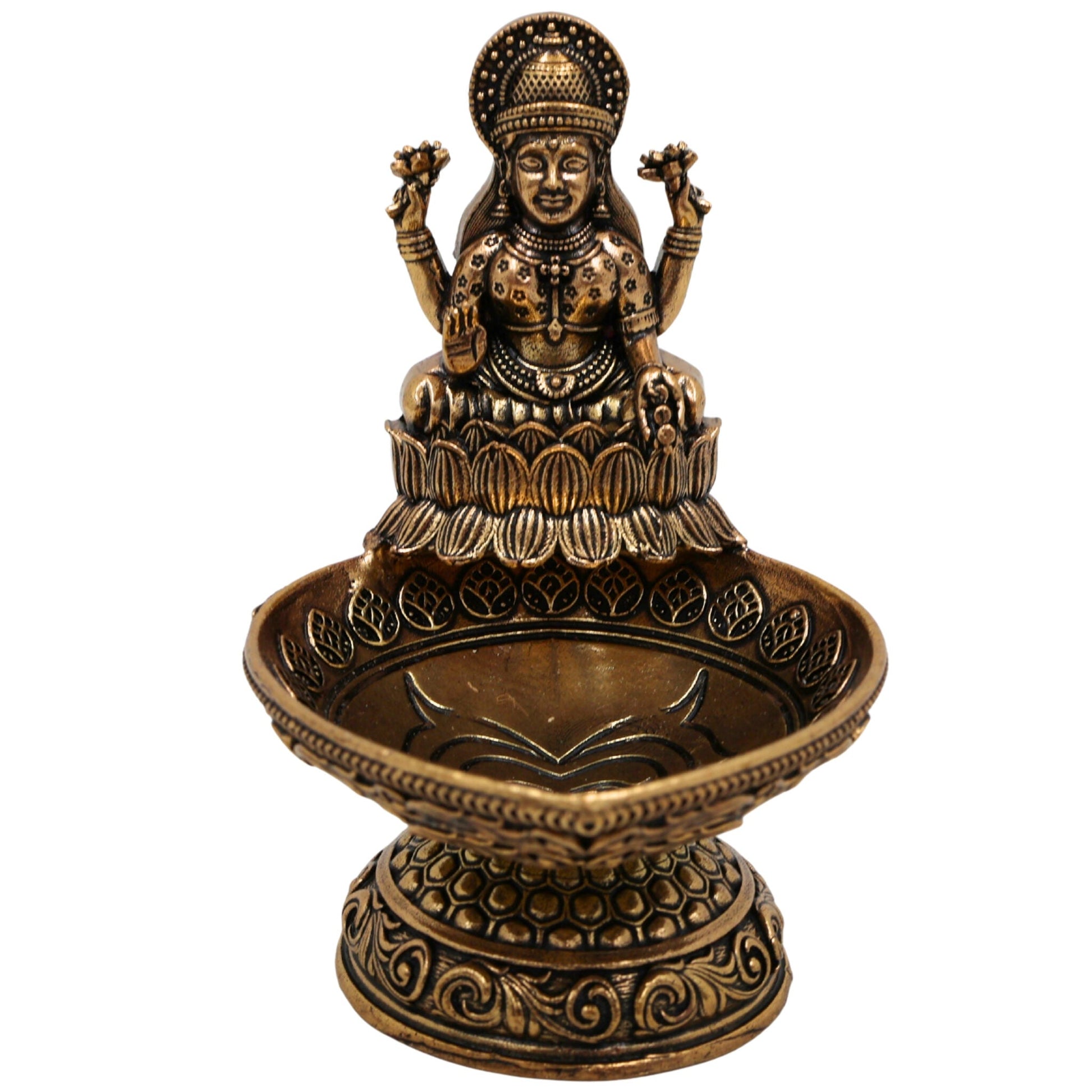Brass Lakshmi Deepam Mahalakshmi Vilakku Kuthu Diya Pital Oil Lamp Laxmi Deepak Idol for Puja Temple Decoration Home Mandir Gift, Gold, 3.5 Inch, 1 Piece