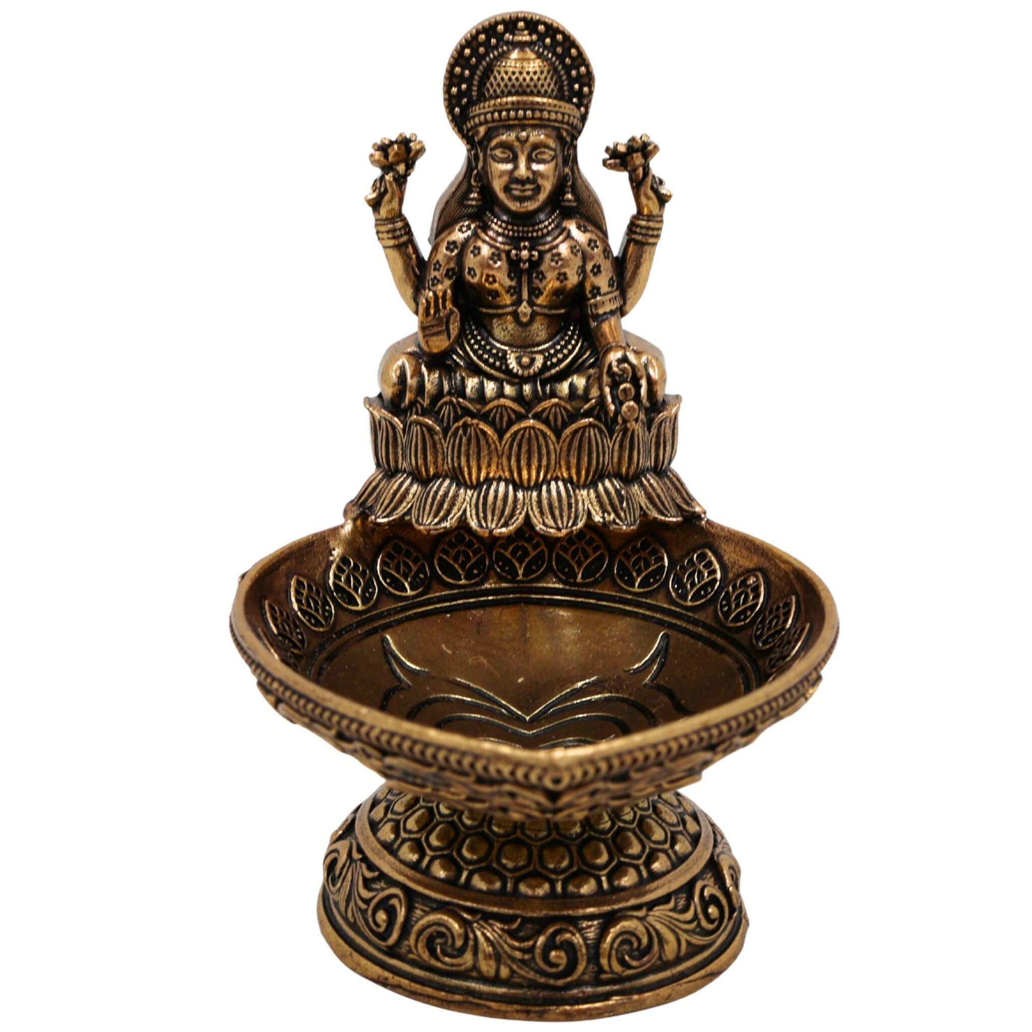 Brass Lakshmi Deepam Mahalakshmi Vilakku Kuthu Diya Pital Oil Lamp Laxmi Deepak Idol for Puja Temple Decoration Home Mandir Gift, Gold, 3.5 Inch, 1 Piece