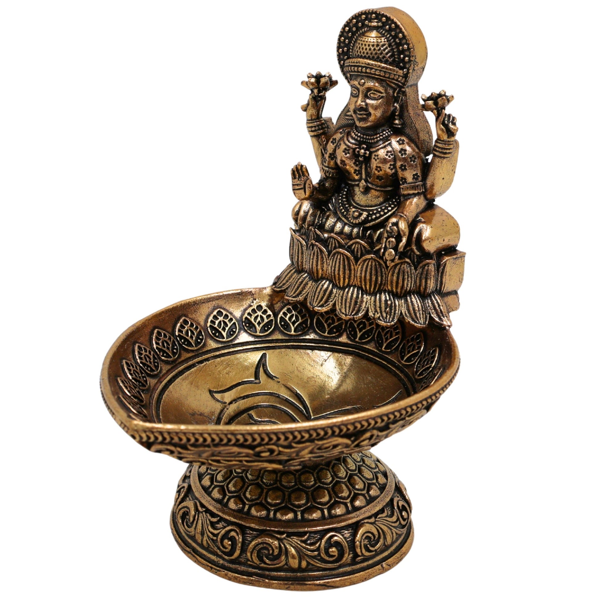 Brass Lakshmi Deepam Mahalakshmi Vilakku Kuthu Diya Pital Oil Lamp Laxmi Deepak Idol for Puja Temple Decoration Home Mandir Gift, Gold, 3.5 Inch, 1 Piece