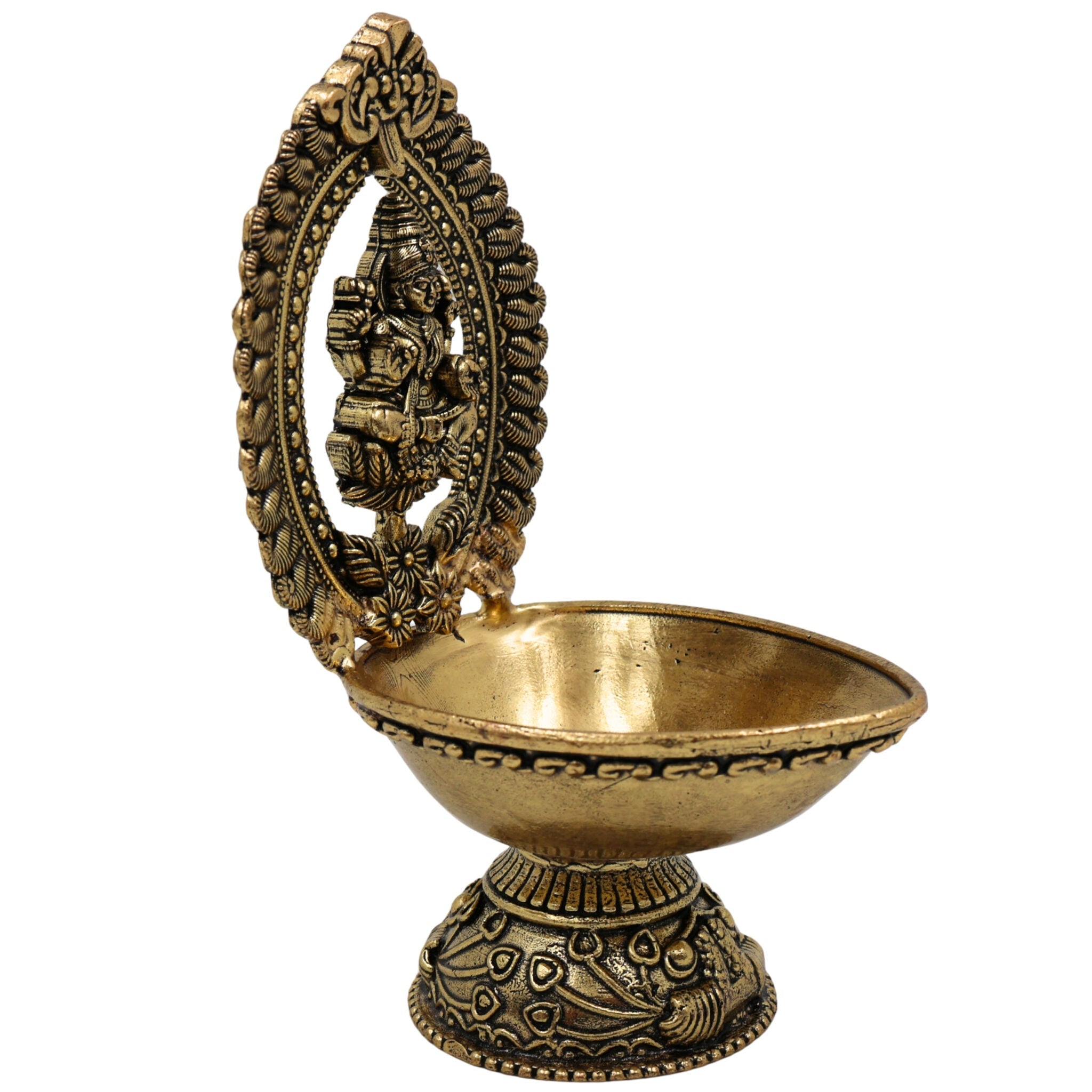 Brass Lakshmi Lamp Mahalakshmi Deepam | Handcrafted Lakshmi Vilakku Deepak Diya | Pital Kuthu Vilakku for Puja, Temple & Home Decor, Gold, 4.5 Inch, 1 Piece