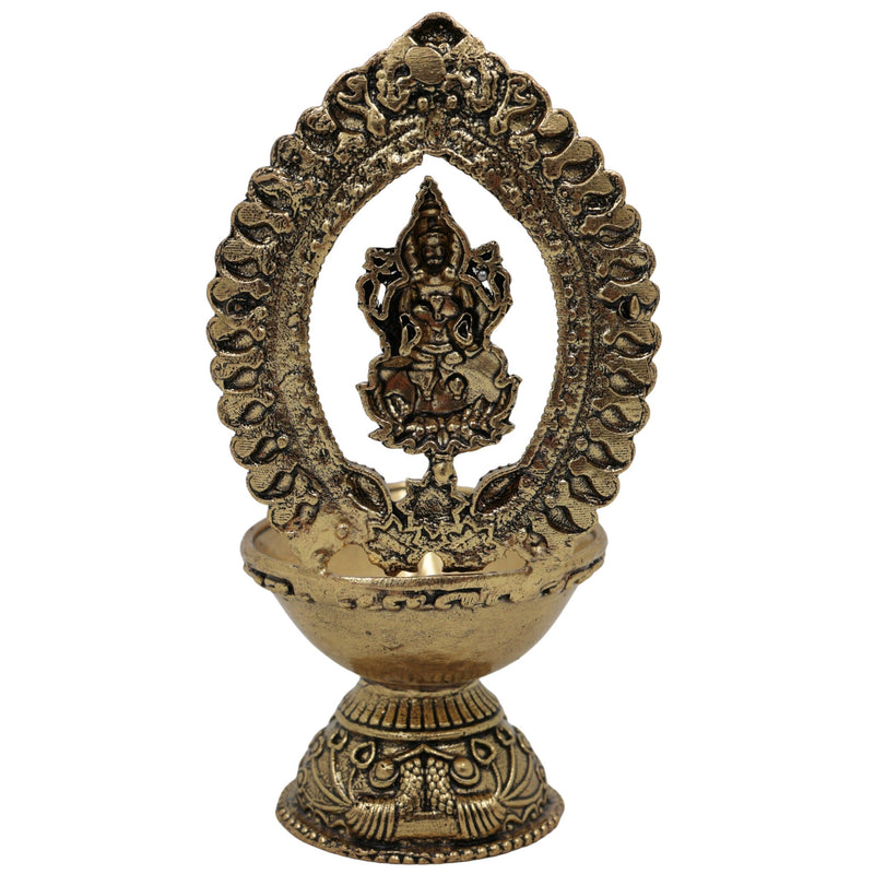 Brass Lakshmi Lamp Mahalakshmi Deepam | Handcrafted Lakshmi Vilakku Deepak Diya | Pital Kuthu Vilakku for Puja, Temple & Home Decor, Gold, 4.5 Inch, 1 Piece