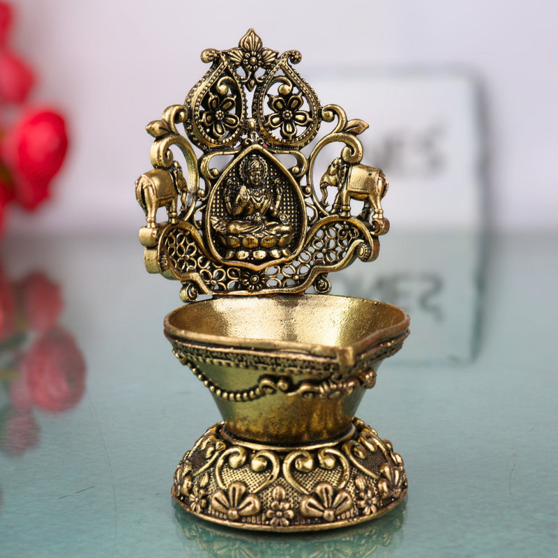 Brass Gaja Lakshmi Lamp, Handcrafted Lakshmi Murti, Pooja Deepam, Kuthu Vilakku, Temple Decor, Spiritual Showpiece, Gold, 4 Inch, 1 Piece