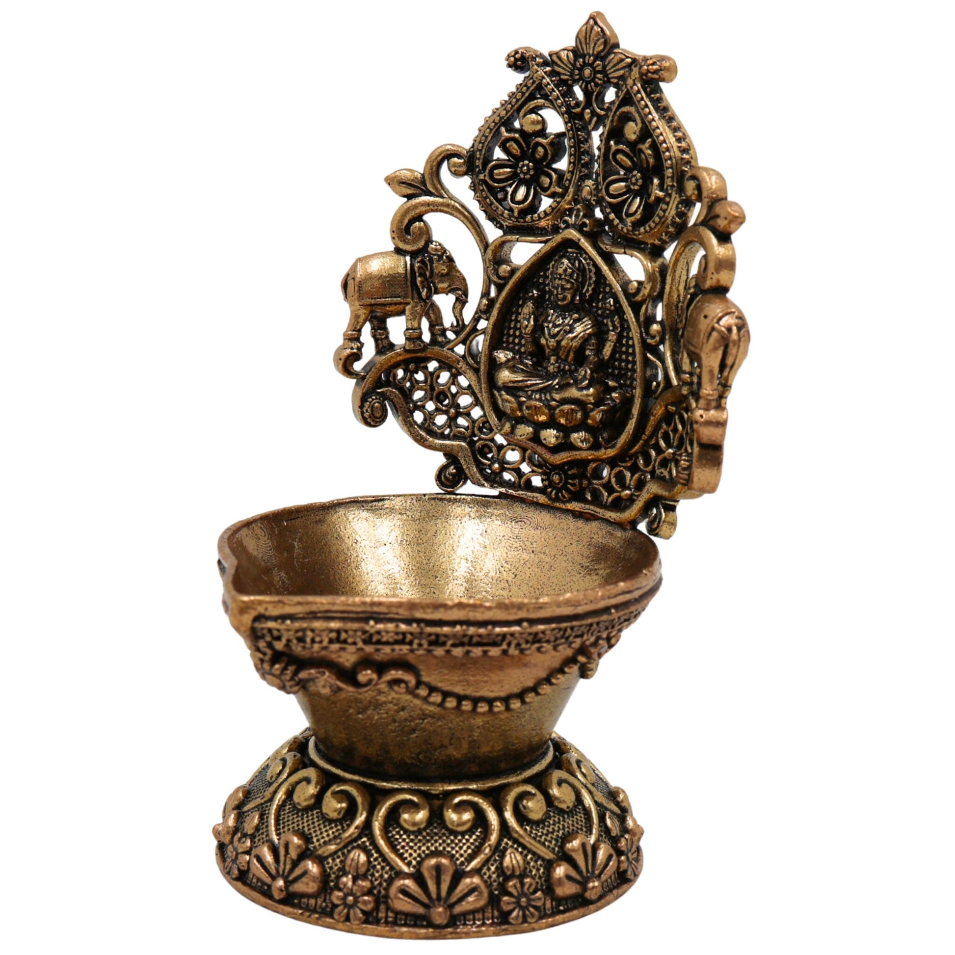 Brass Gaja Lakshmi Lamp, Handcrafted Lakshmi Murti, Pooja Deepam, Kuthu Vilakku, Temple Decor, Spiritual Showpiece, Gold, 4 Inch, 1 Piece