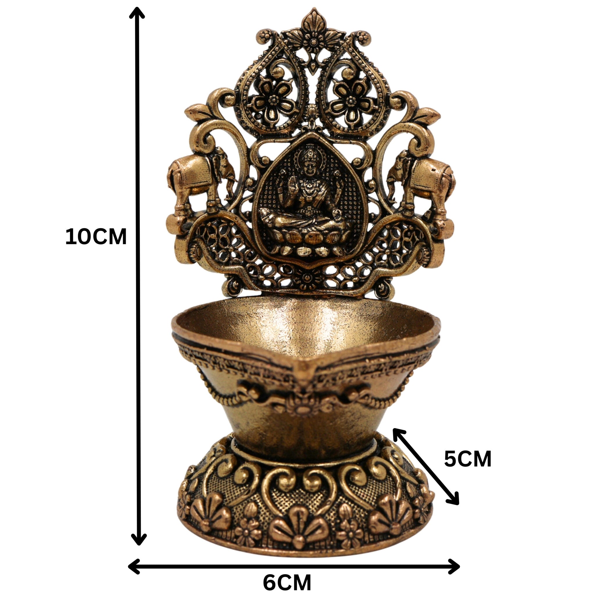 Brass Gaja Lakshmi Lamp, Handcrafted Lakshmi Murti, Pooja Deepam, Kuthu Vilakku, Temple Decor, Spiritual Showpiece, Gold, 4 Inch, 1 Piece