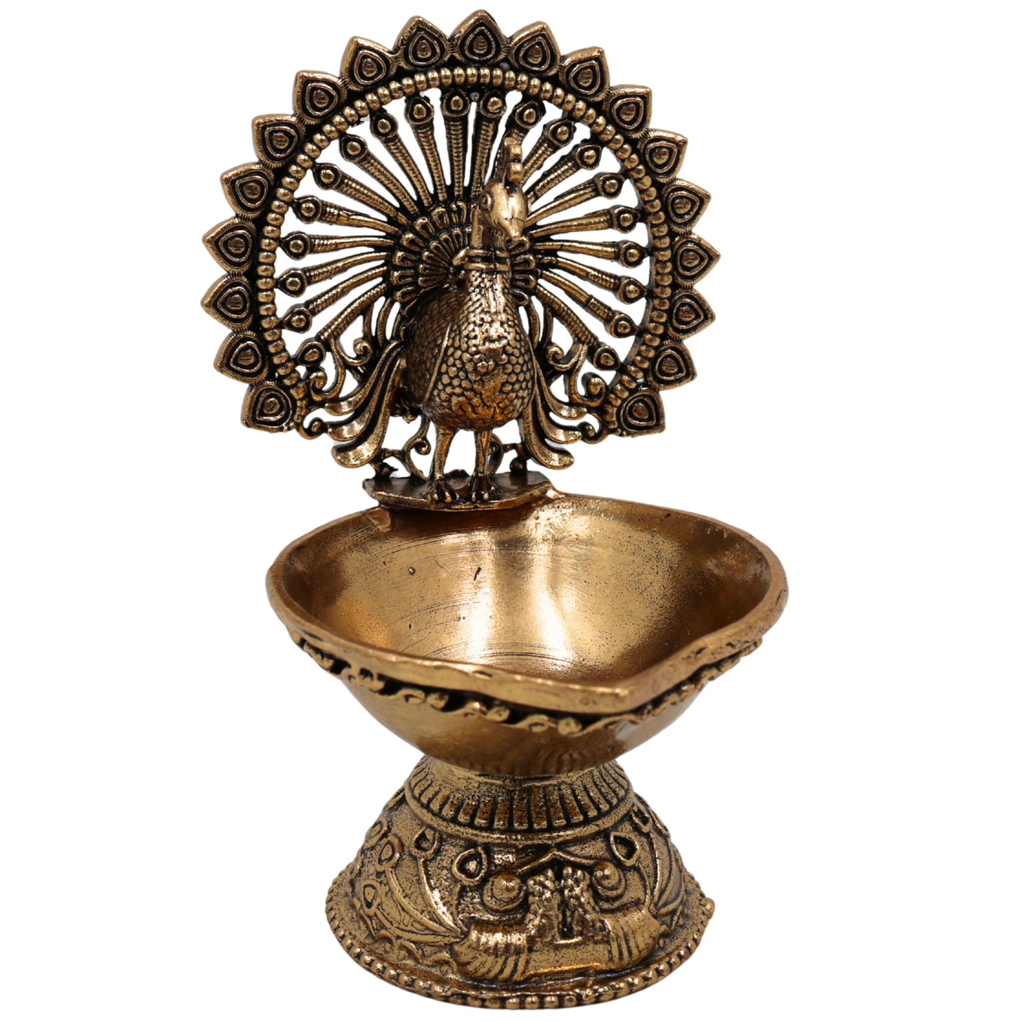 Brass Peacock Diya – Mayura Deepam, Mor Pankh Lamp, Temple Oil Lamp, Handcrafted Mor Deepak, Festival & Pooja Decorative Vilakku, Traditional Peacock Brass Lamp, Home Decor & Spiritual Gift, Gold, 4 Inch, 1 Piece