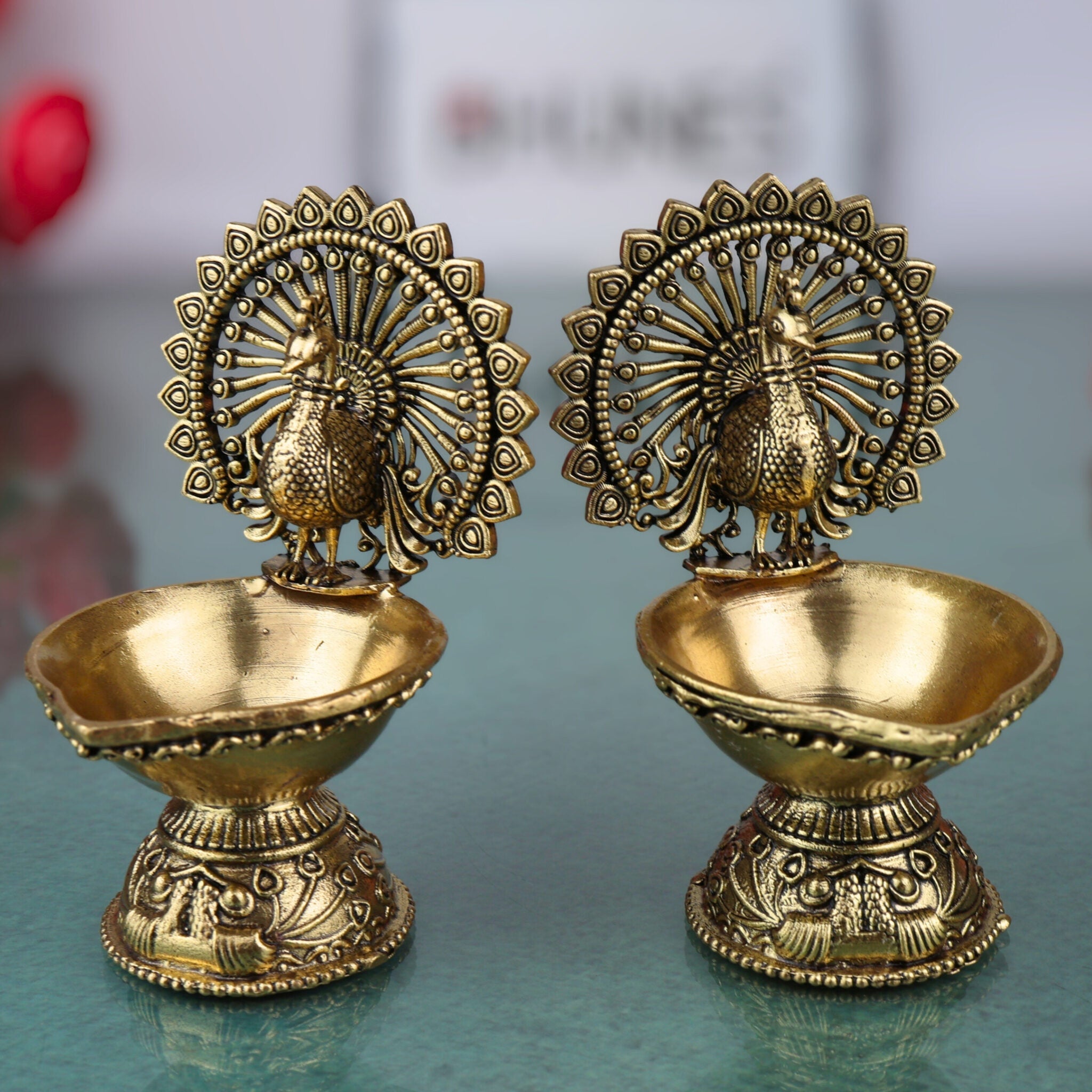 Brass Handcrafted Peacock Diya, Decorative Pooja Lamp, Murti, Oil Lamp, Festival & Home Decor Statue, Gold, 4 Inch, 2 Piece