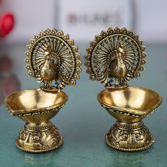 Brass Handcrafted Peacock Diya, Decorative Pooja Lamp, Murti, Oil Lamp, Festival & Home Decor Statue, Gold, 4 Inch, 2 Piece