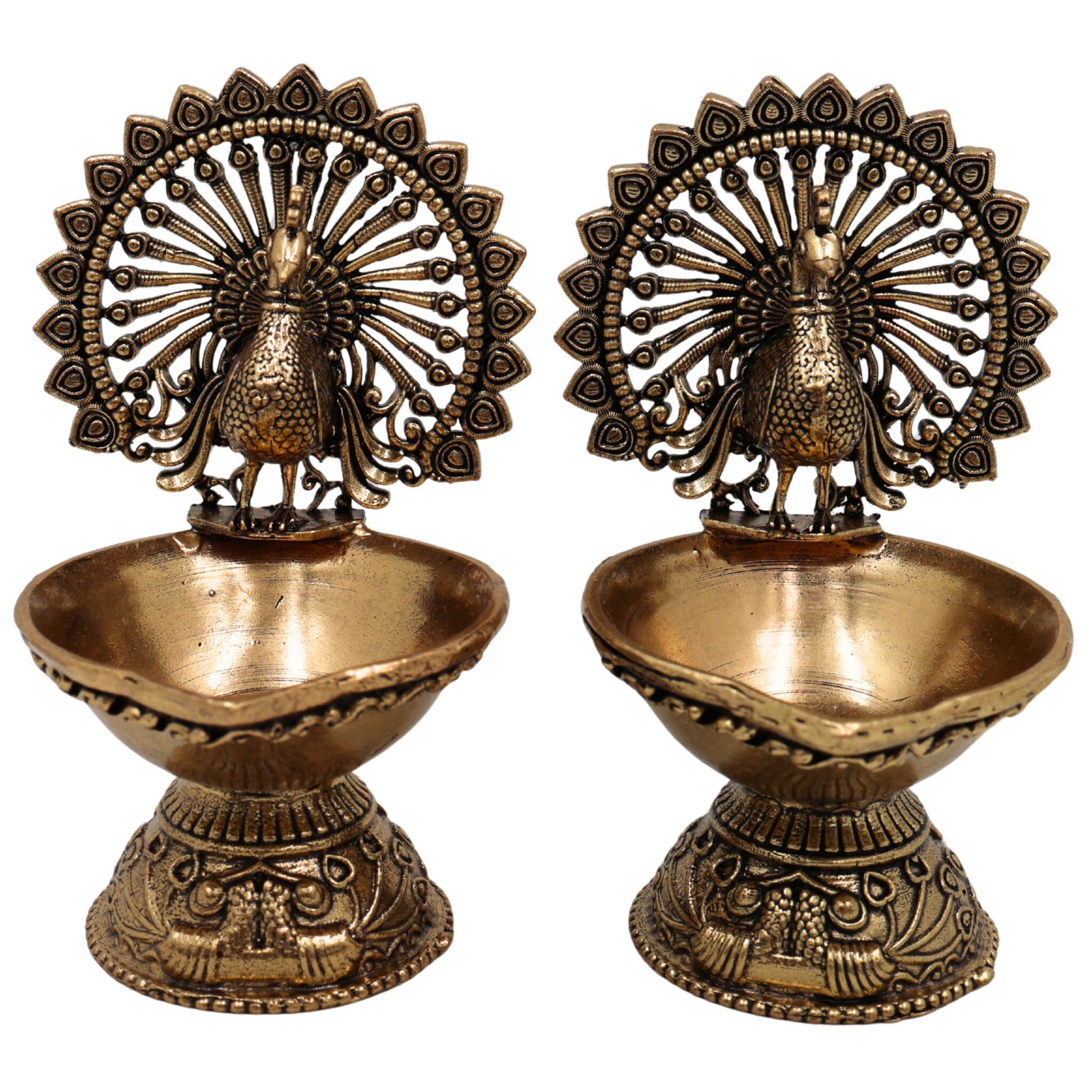 Brass Handcrafted Peacock Diya, Decorative Pooja Lamp, Murti, Oil Lamp, Festival & Home Decor Statue, Gold, 4 Inch, 2 Piece