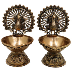 Brass Handcrafted Peacock Diya, Decorative Pooja Lamp, Murti, Oil Lamp, Festival & Home Decor Statue, Gold, 4 Inch, 2 Piece