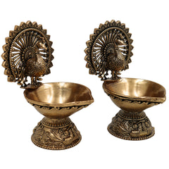 Brass Handcrafted Peacock Diya, Decorative Pooja Lamp, Murti, Oil Lamp, Festival & Home Decor Statue, Gold, 4 Inch, 2 Piece