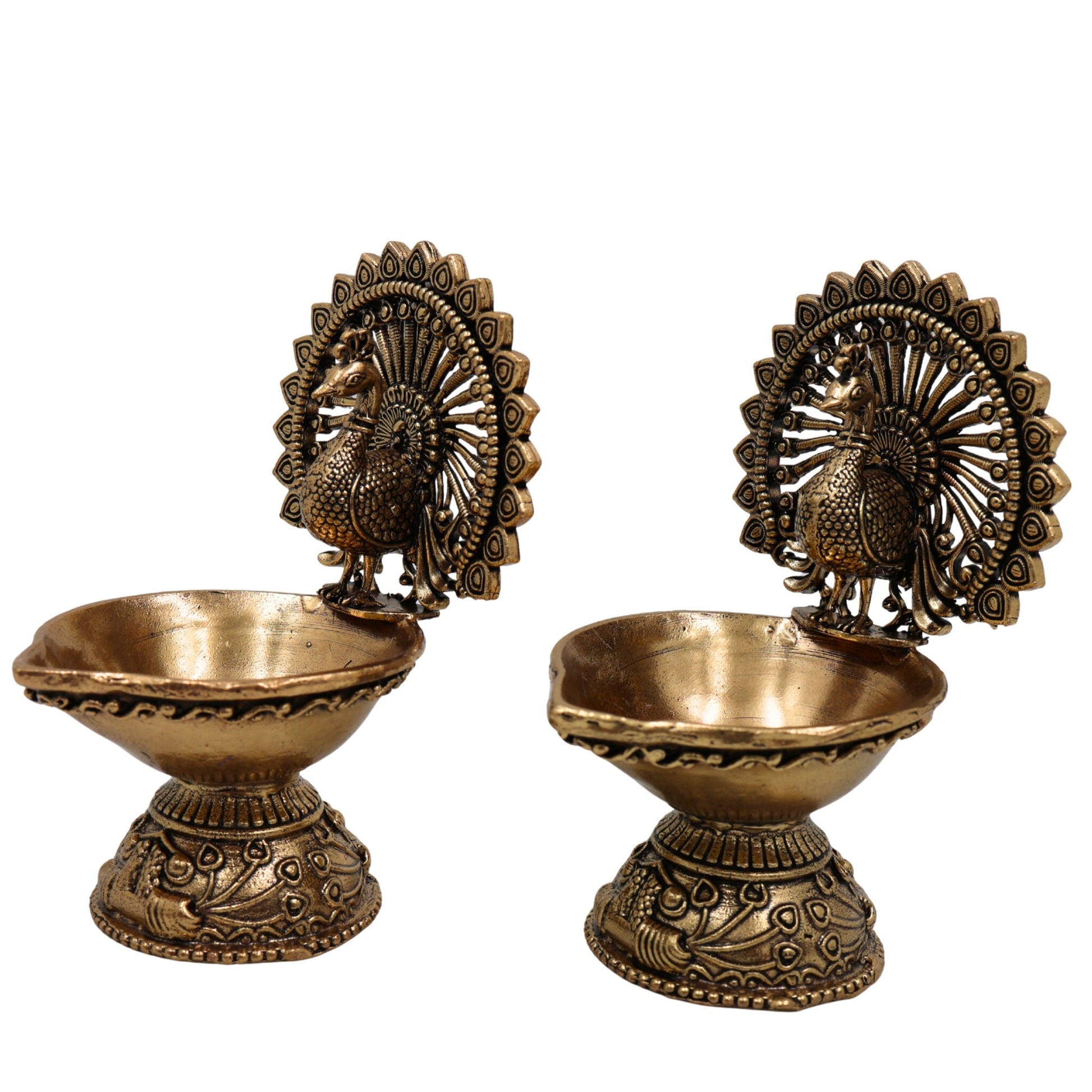 Brass Handcrafted Peacock Diya, Decorative Pooja Lamp, Murti, Oil Lamp, Festival & Home Decor Statue, Gold, 4 Inch, 2 Piece