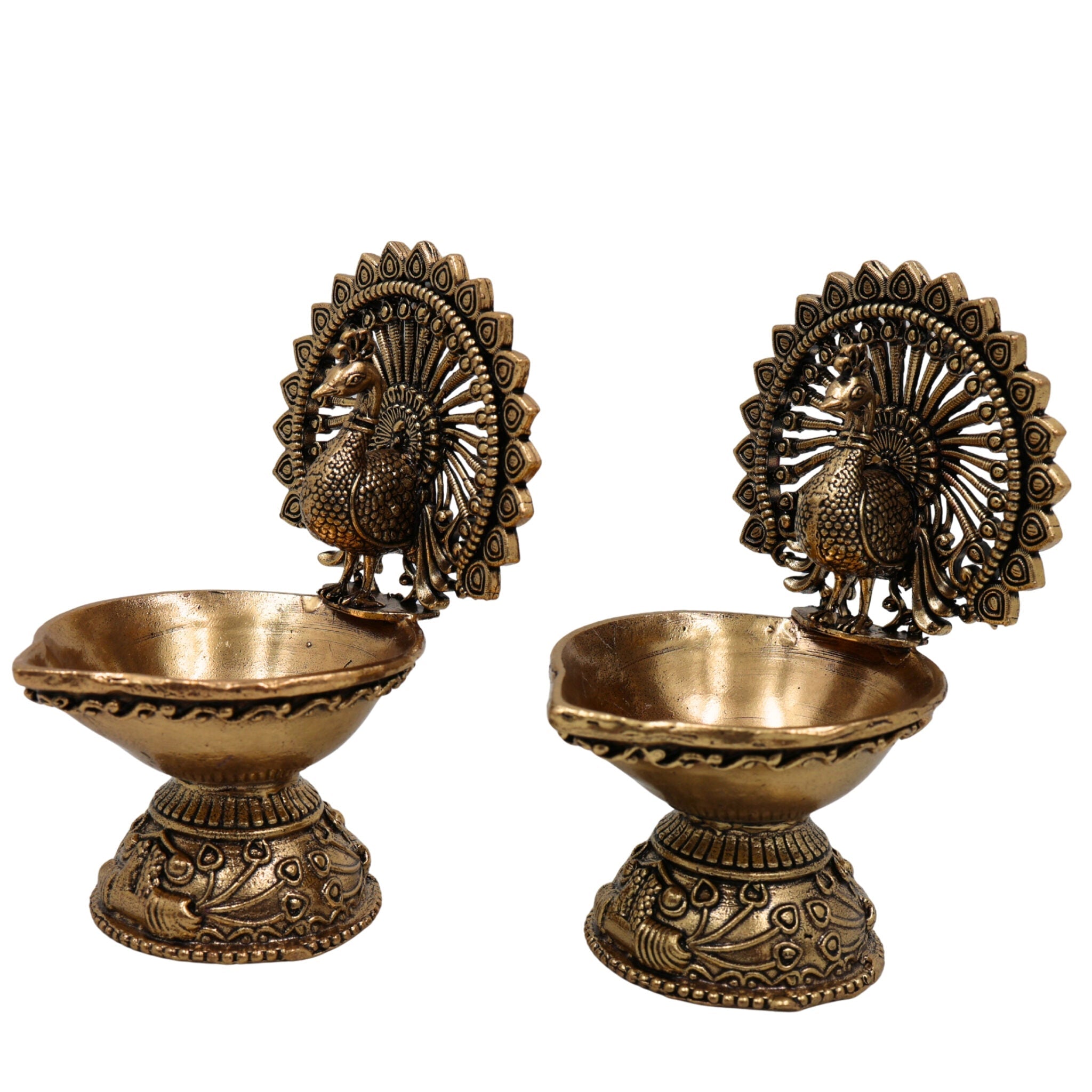 Brass Handcrafted Peacock Diya, Decorative Pooja Lamp, Murti, Oil Lamp, Festival & Home Decor Statue, Gold, 4 Inch, 2 Piece