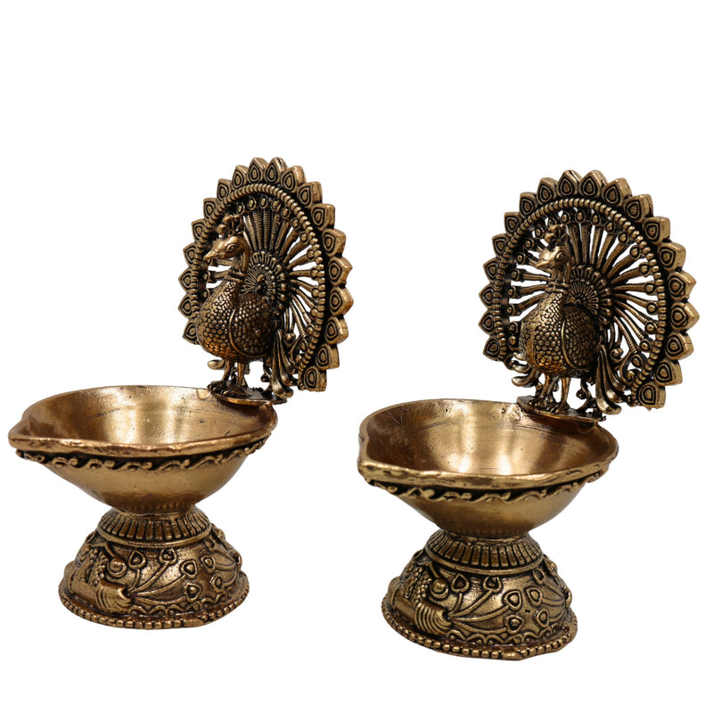 Brass Handcrafted Peacock Diya, Decorative Pooja Lamp, Murti, Oil Lamp, Festival & Home Decor Statue, Gold, 4 Inch, 2 Piece