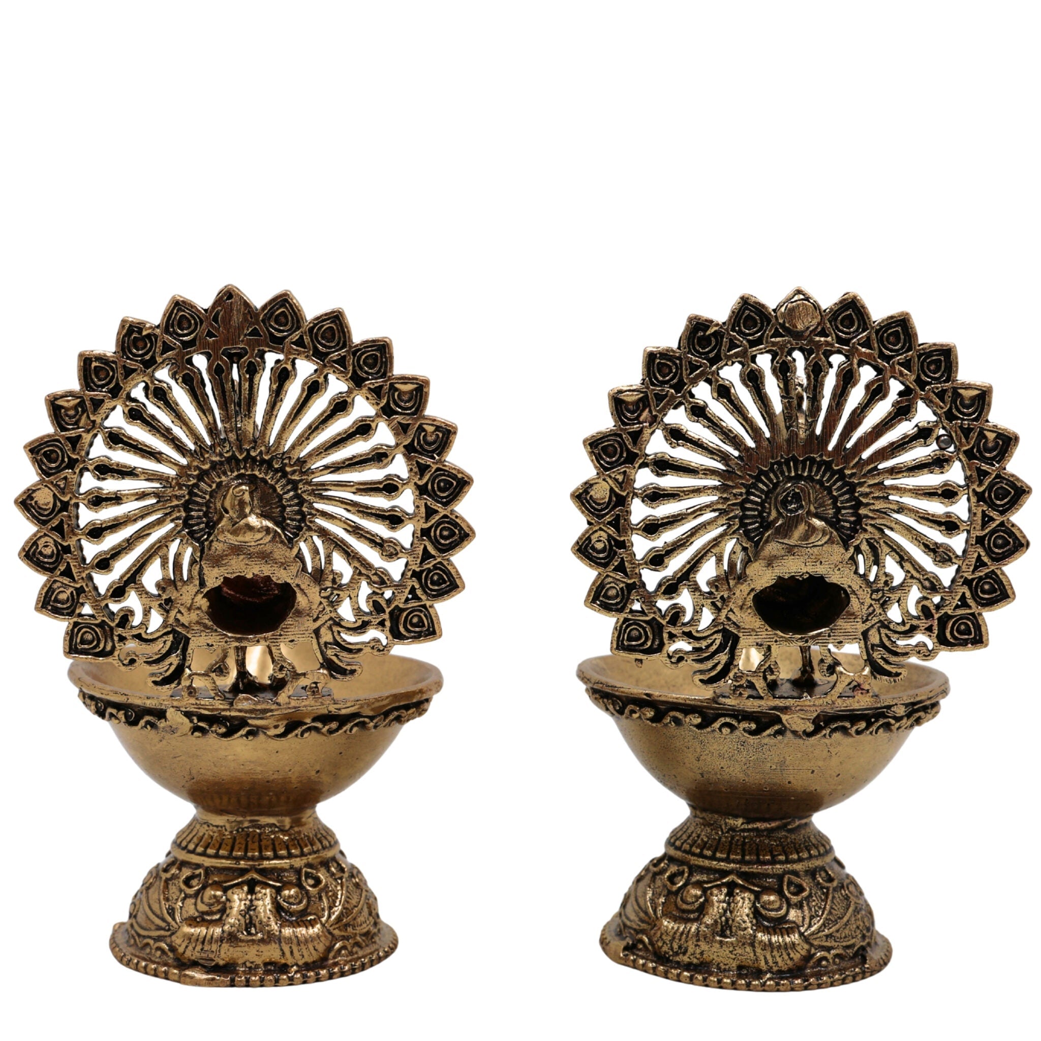 Brass Handcrafted Peacock Diya, Decorative Pooja Lamp, Murti, Oil Lamp, Festival & Home Decor Statue, Gold, 4 Inch, 2 Piece