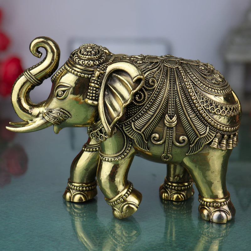 Brass Elephant Idol, Gaja Sculpture, Handmade Ane, Hathi Spiritual Home & Pooja Decor, Gold, 4 Inch, 1 Piece