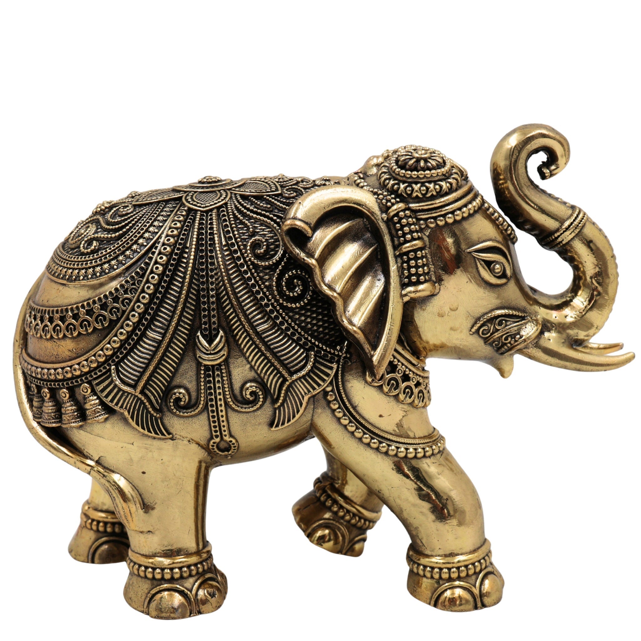 Brass Elephant Idol, Gaja Sculpture, Handmade Ane, Hathi Spiritual Home & Pooja Decor, Gold, 4 Inch, 1 Piece