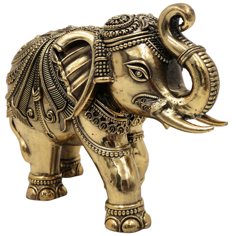 Brass Elephant Idol, Gaja Sculpture, Handmade Ane, Hathi Spiritual Home & Pooja Decor, Gold, 4 Inch, 1 Piece