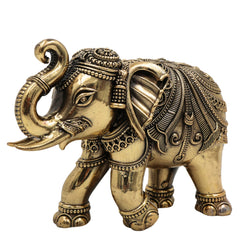 Brass Elephant Idol, Gaja Sculpture, Handmade Ane, Hathi Spiritual Home & Pooja Decor, Gold, 4 Inch, 1 Piece