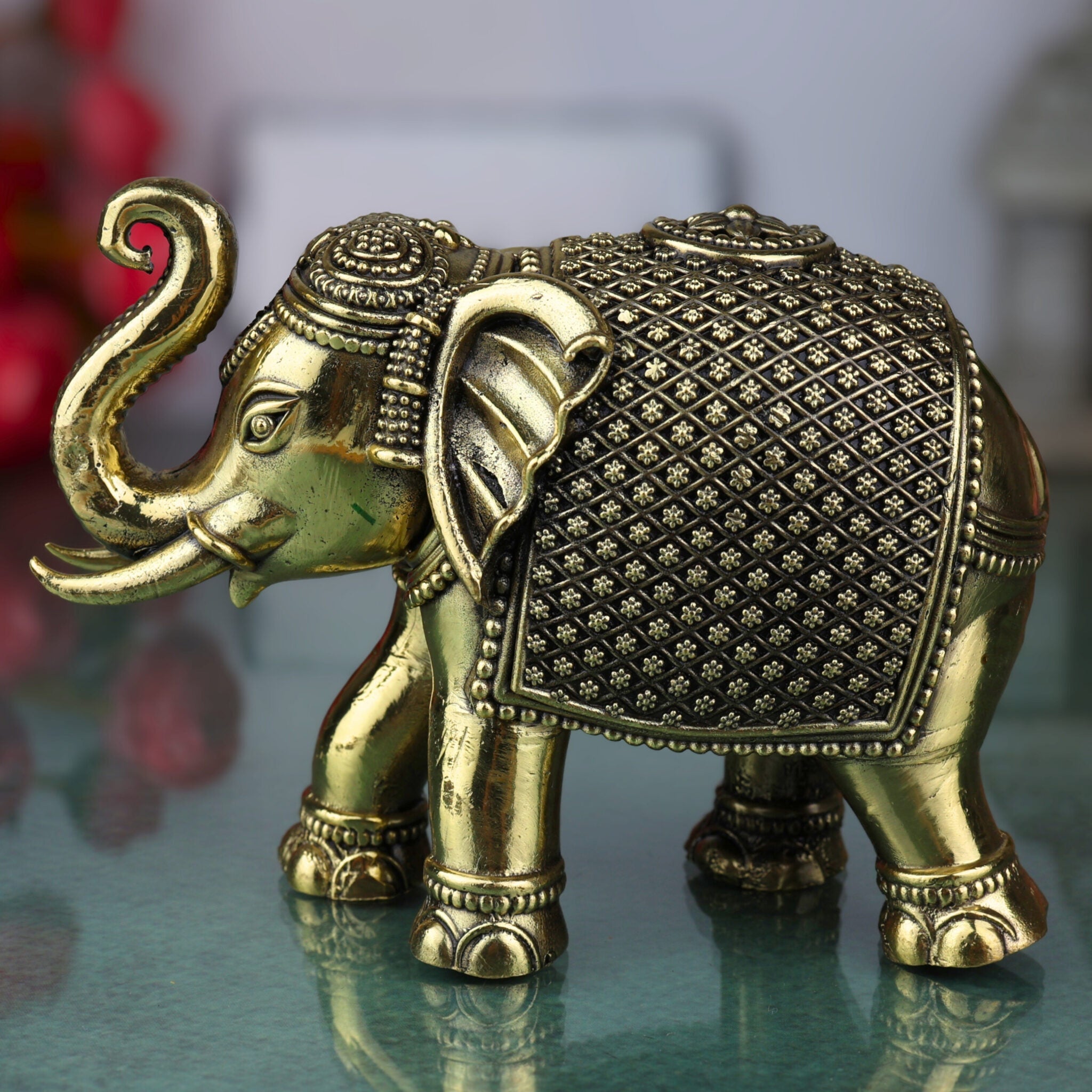 Brass Small Elephant Idol | Gaja Murti | Handmade Ane, Hathi Spiritual Home & Pooja Decor, Gold, 2 Inch, 1 Piece