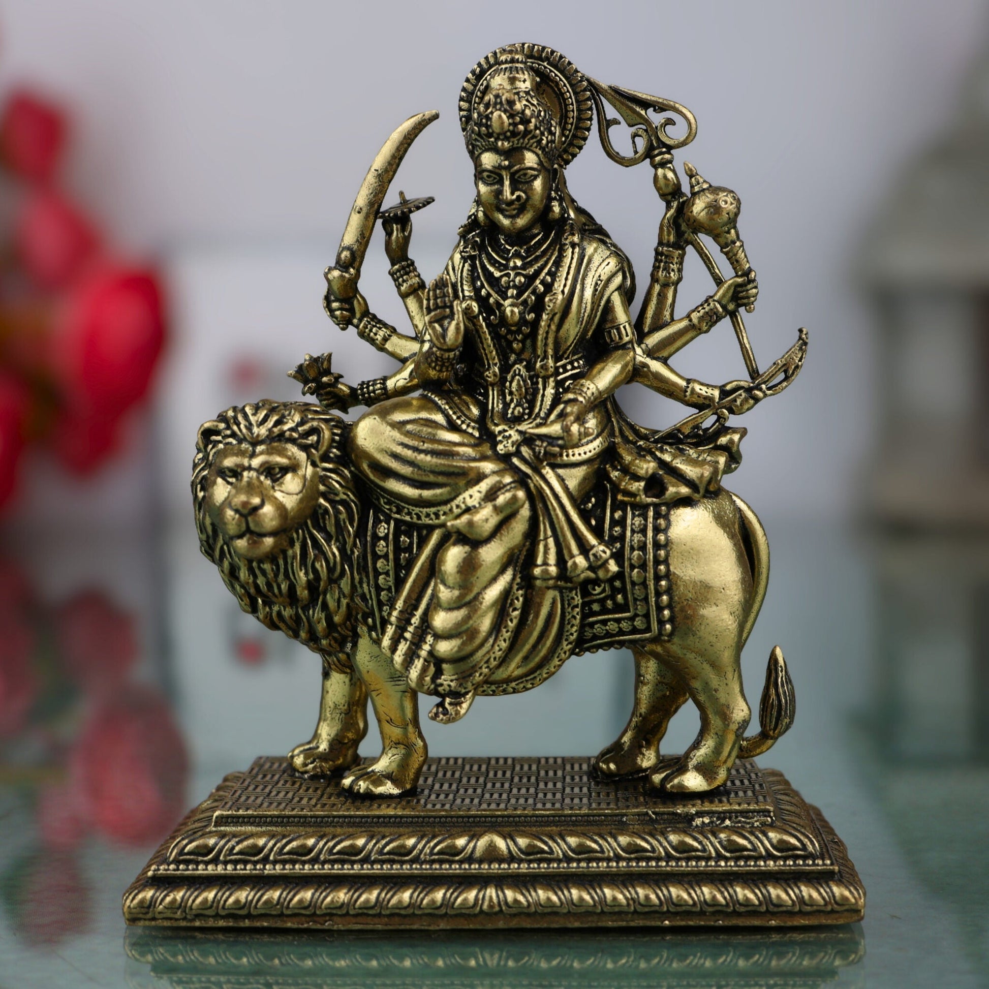 Brass Durga Idol, Maa Durga Murti, Shakti Pooja Statue, Mahishasuramardini & Jagadamba Sculpture, Handcrafted Small Decorative Brass Vigraha for Home Temple & Gifts, Gold, 3 Inch, 1 Piece