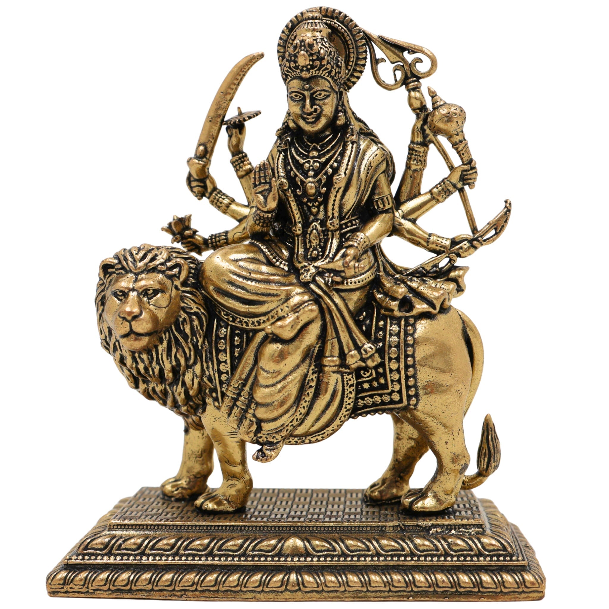 Brass Durga Idol, Maa Durga Murti, Shakti Pooja Statue, Mahishasuramardini & Jagadamba Sculpture, Handcrafted Small Decorative Brass Vigraha for Home Temple & Gifts, Gold, 3 Inch, 1 Piece