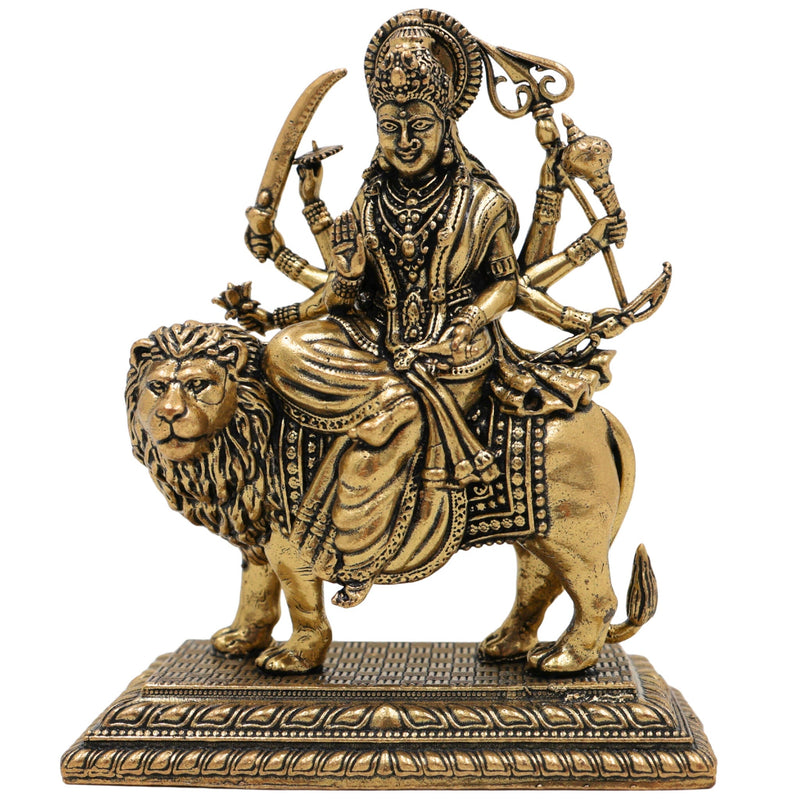 Brass Durga Idol, Maa Durga Murti, Shakti Pooja Statue, Mahishasuramardini & Jagadamba Sculpture, Handcrafted Small Decorative Brass Vigraha for Home Temple & Gifts, Gold, 3 Inch, 1 Piece