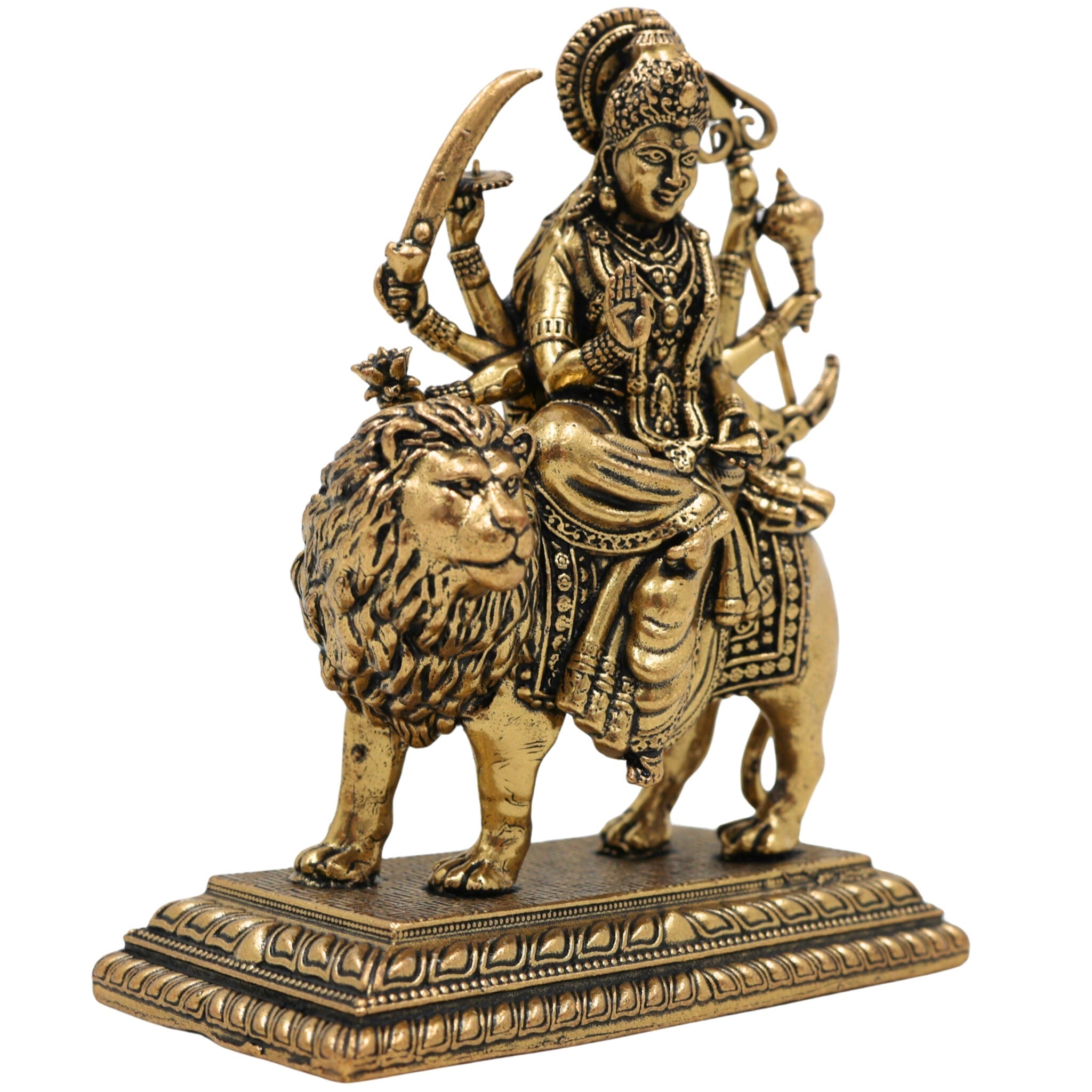 Brass Durga Idol, Maa Durga Murti, Shakti Pooja Statue, Mahishasuramardini & Jagadamba Sculpture, Handcrafted Small Decorative Brass Vigraha for Home Temple & Gifts, Gold, 4 Inch, 1 Piece