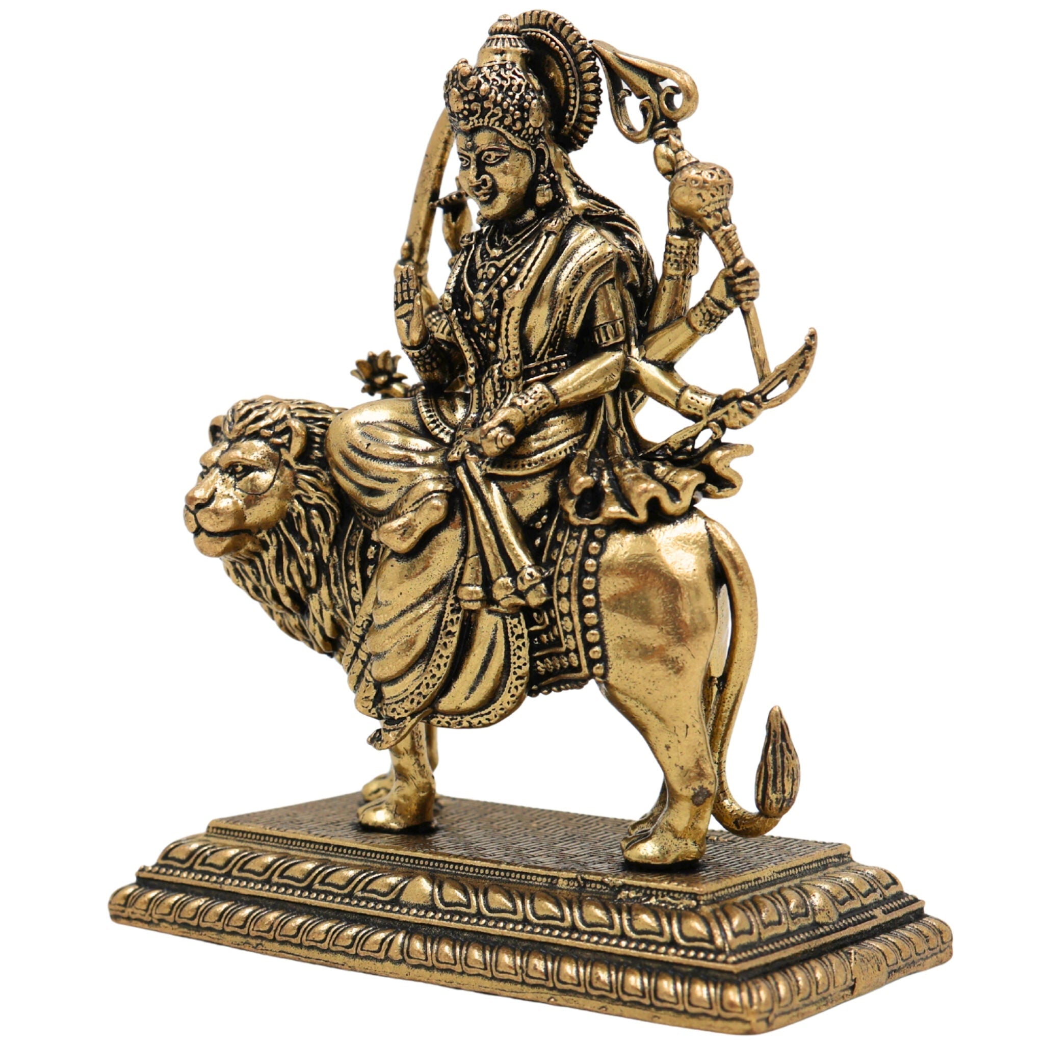Brass Durga Idol, Maa Durga Murti, Shakti Pooja Statue, Mahishasuramardini & Jagadamba Sculpture, Handcrafted Small Decorative Brass Vigraha for Home Temple & Gifts, Gold, 4 Inch, 1 Piece