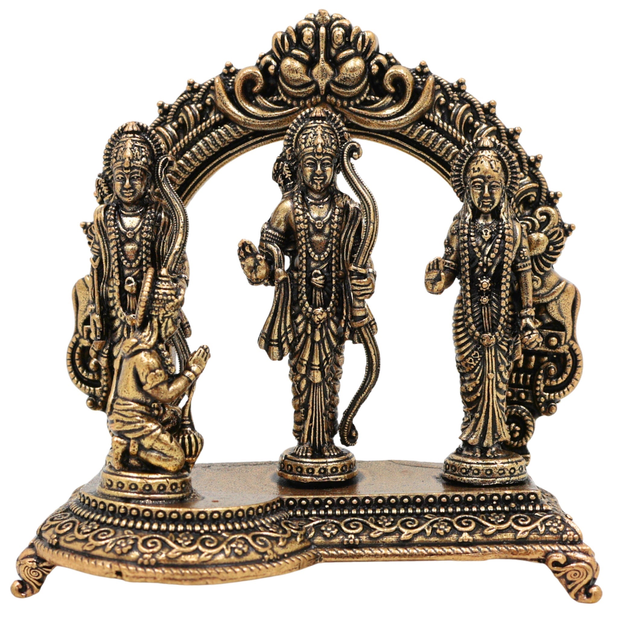 Brass Shri Ram Darbar Idol Ram Parivar Murti Sita Ram Lakshman Hanuman Statue Pital Peetal Vigraha Moorti for Puja Mandir Home Decor Gift, Gold, 3 Inch, 1 Piece