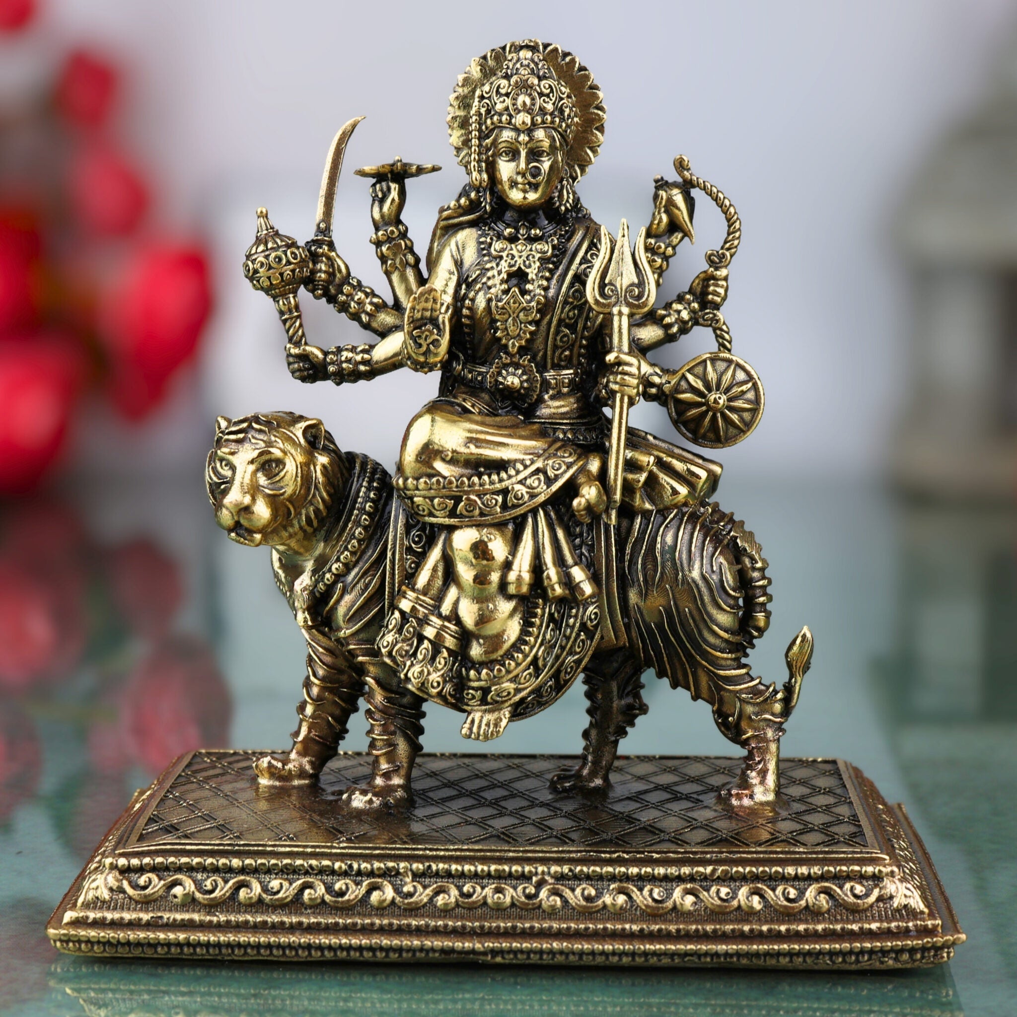 Brass Durga Idol, Maa Durga Murti, Shakti Statue, Chandika Pooja Pratima, Bhavani Home Temple Idol, Handcrafted Spiritual Showpiece, Gold, 4.5 Inch, 1 Piece
