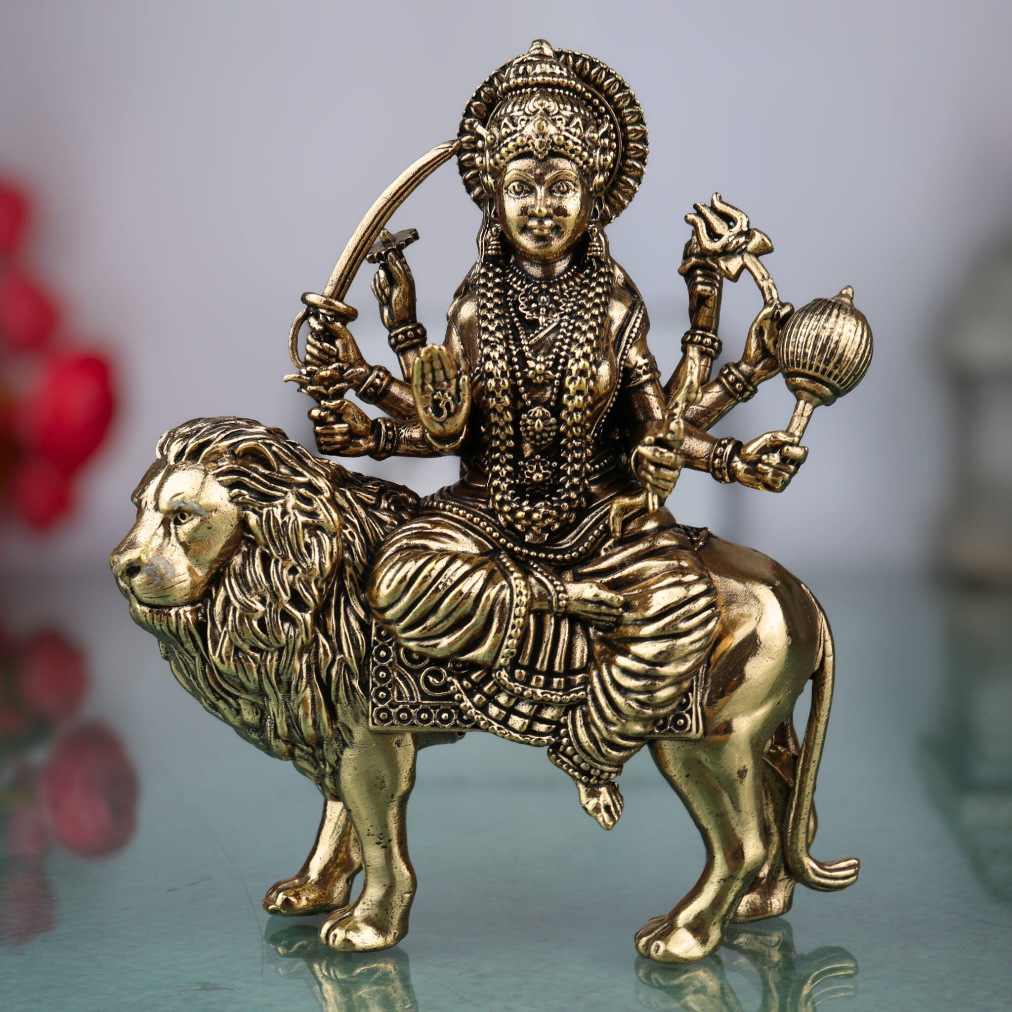 Brass Durga Idol, Maa Durga Murti, Shakti Vigraha, Bhavani Statue, Ambika Pooja Idol, Mahishasuramardini Home Temple Decor, Gold, 6 Inch, 1 Piece