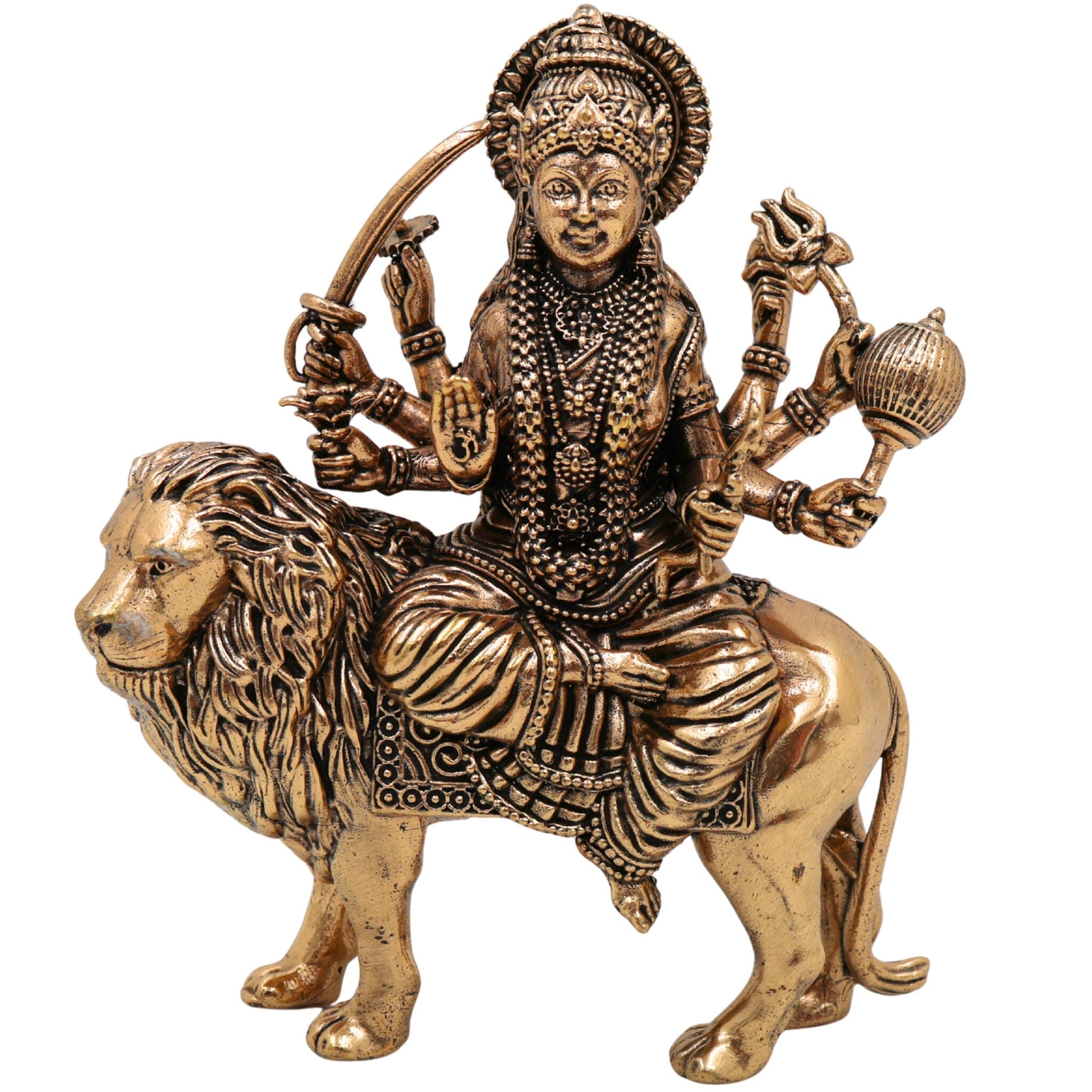 Brass Durga Idol, Maa Durga Murti, Shakti Vigraha, Bhavani Statue, Ambika Pooja Idol, Mahishasuramardini Home Temple Decor, Gold, 6 Inch, 1 Piece