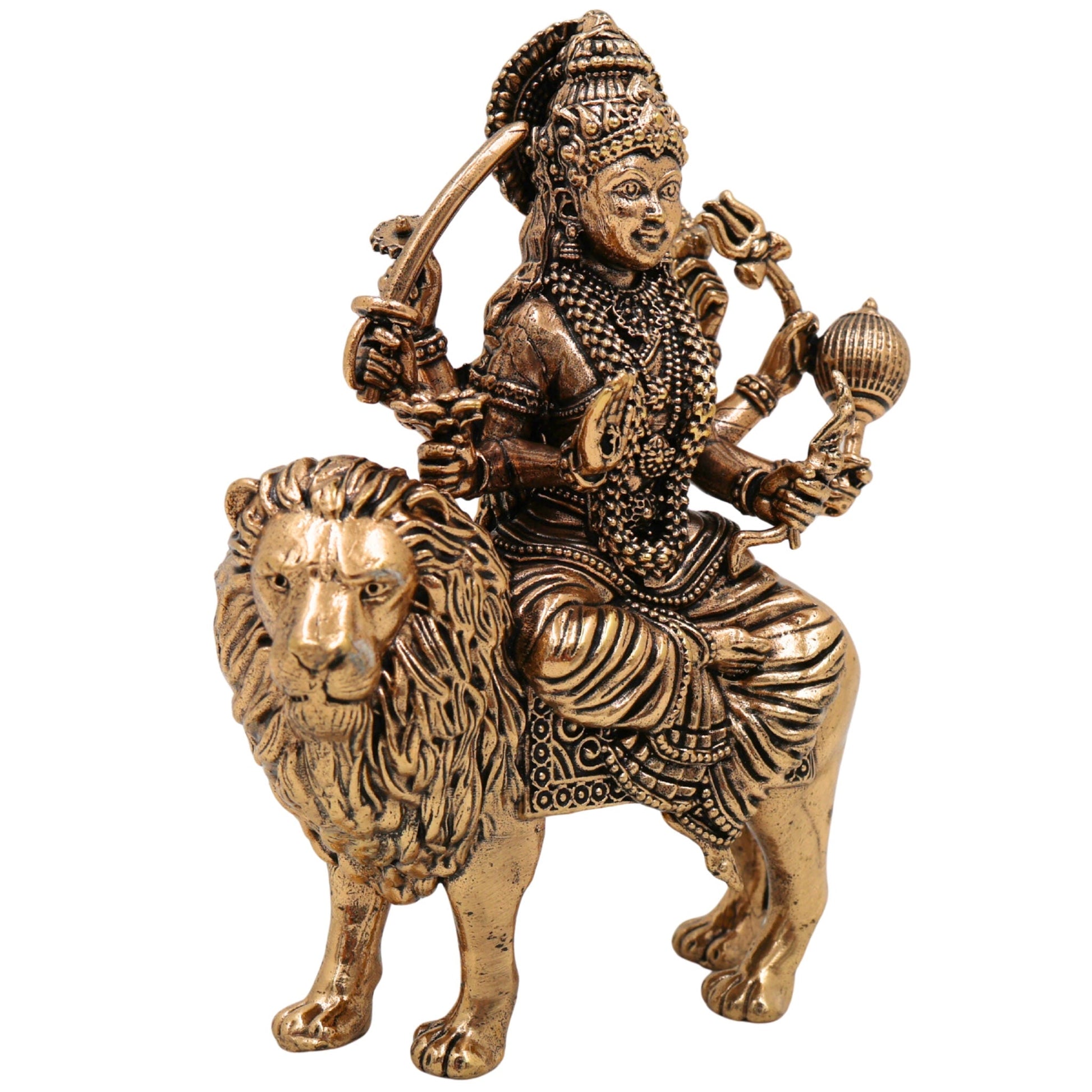 Brass Durga Idol, Maa Durga Murti, Shakti Vigraha, Bhavani Statue, Ambika Pooja Idol, Mahishasuramardini Home Temple Decor, Gold, 6 Inch, 1 Piece