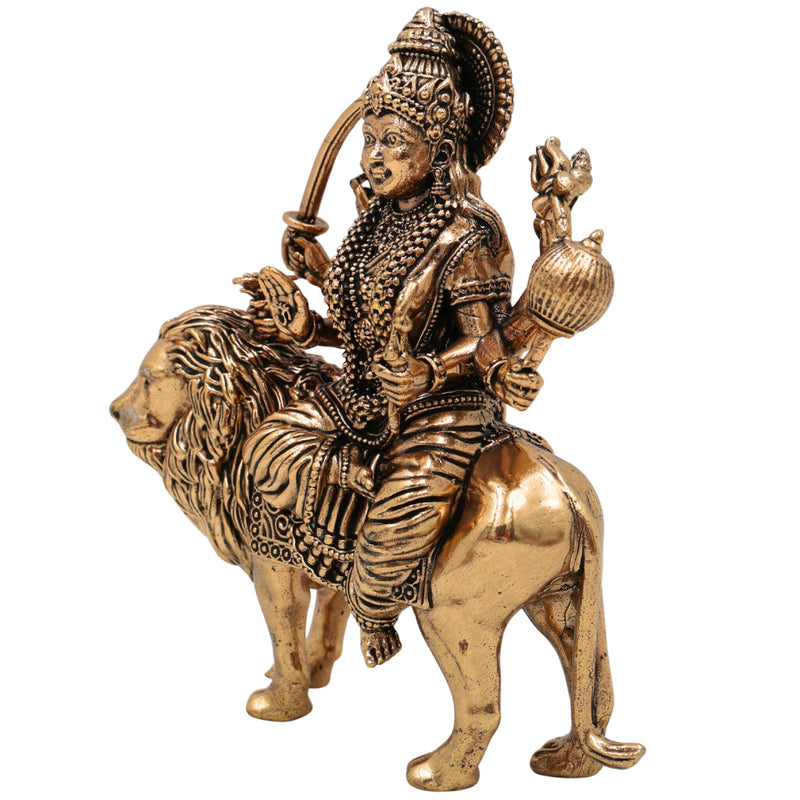Brass Durga Idol, Maa Durga Murti, Shakti Vigraha, Bhavani Statue, Ambika Pooja Idol, Mahishasuramardini Home Temple Decor, Gold, 6 Inch, 1 Piece
